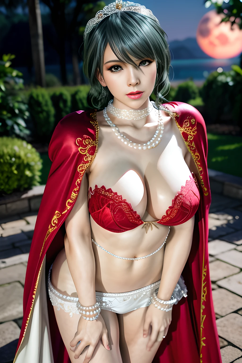 1 girl,lean over WINK,(Wearing Wedding Dress:1.2) ,(Wearing Jewel:1.2) ,( red lace_cloak:1.3),(Fluffs :1.4),(pearl bodychain:1.3),garden,nighttime,moon,( huge breasts ),cleavage,shiny skin,lip gloss,tattoos, masterpiece, best quality, realistic ,Surrealism,Rich artistic colors,natural colors art in 8k,3D,Portrait art,solo, tamaki