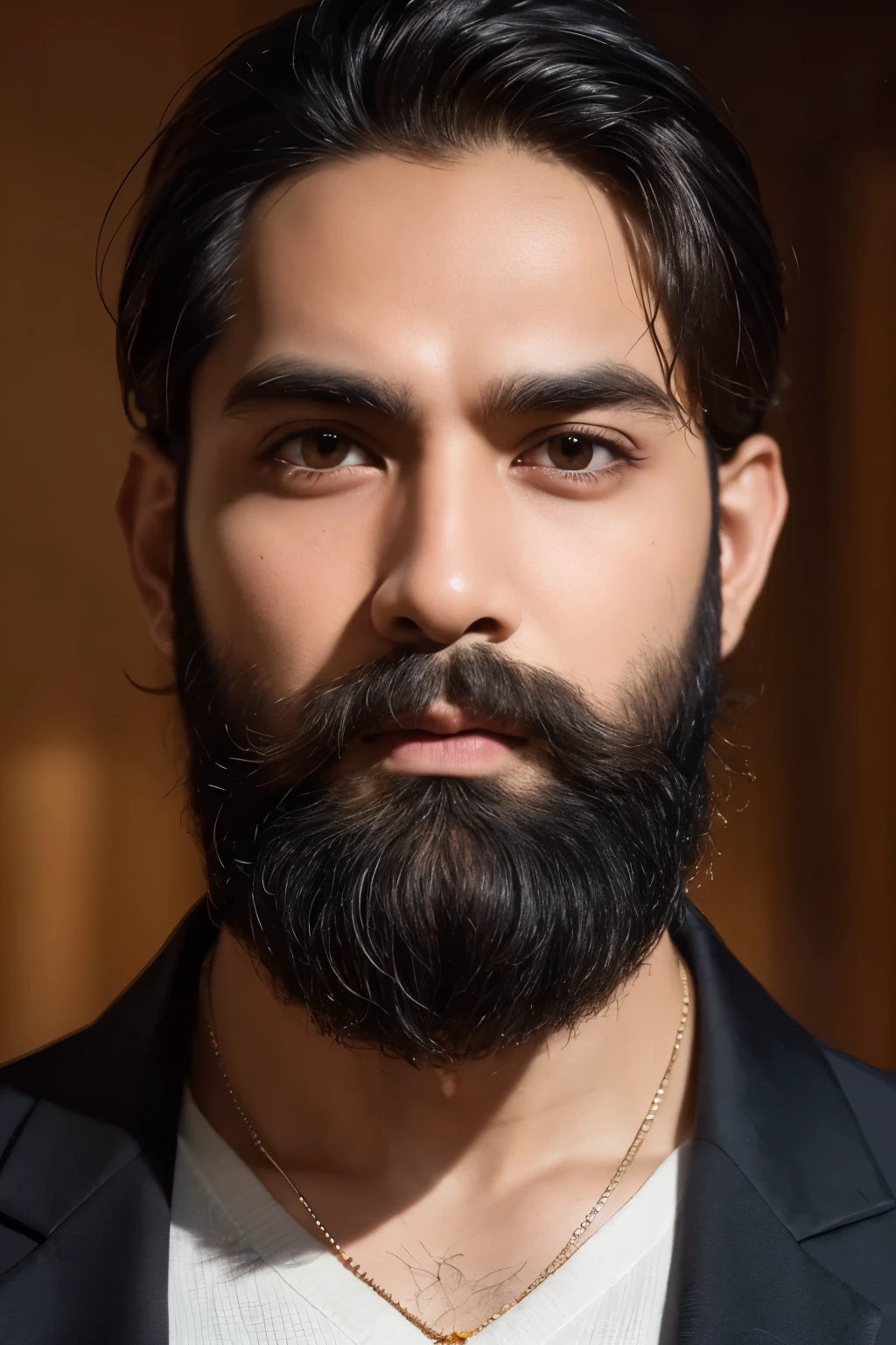 "Generate an ultra-realistic portrait of an Indian Bengali handsome bearded man. The portrait should depict the man in a close-up front-facing view with detailed sharp facial features. Ensure the following characteristics:

Bengali Characteristics: Reflect distinct Bengali traits, including skin tone, hair texture, and facial structure.
Sharp Facial Features: Highlight defined jawline, high cheekbones, and pronounced eyebrows for a striking appearance.
Beard Detail: Depict a well-groomed beard with individual hairs and natural growth patterns. Consider a style that complements Bengali aesthetics.
Eyes and Expression: Focus on expressive eyes and maintain a confident or neutral expression, adding depth to the portrait.
Lighting and Shadow: Use dramatic lighting to accentuate sharp facial features, creating depth and contrast. A balance of light and shadow for a three-dimensional effect is key.
Background: Keep the background simple, using a soft gradient or blurred effect to emphasize the subject's face.
Clothing and Accessories: Include traditional Bengali elements like a kurta or a subtle necklace, ensuring they do not overshadow the close-up details.
Create a portrait that meets these specifications, emphasizing the cultural nuances, sharp facial features, detailed beard, and ultra-realistic close-up characteristics."