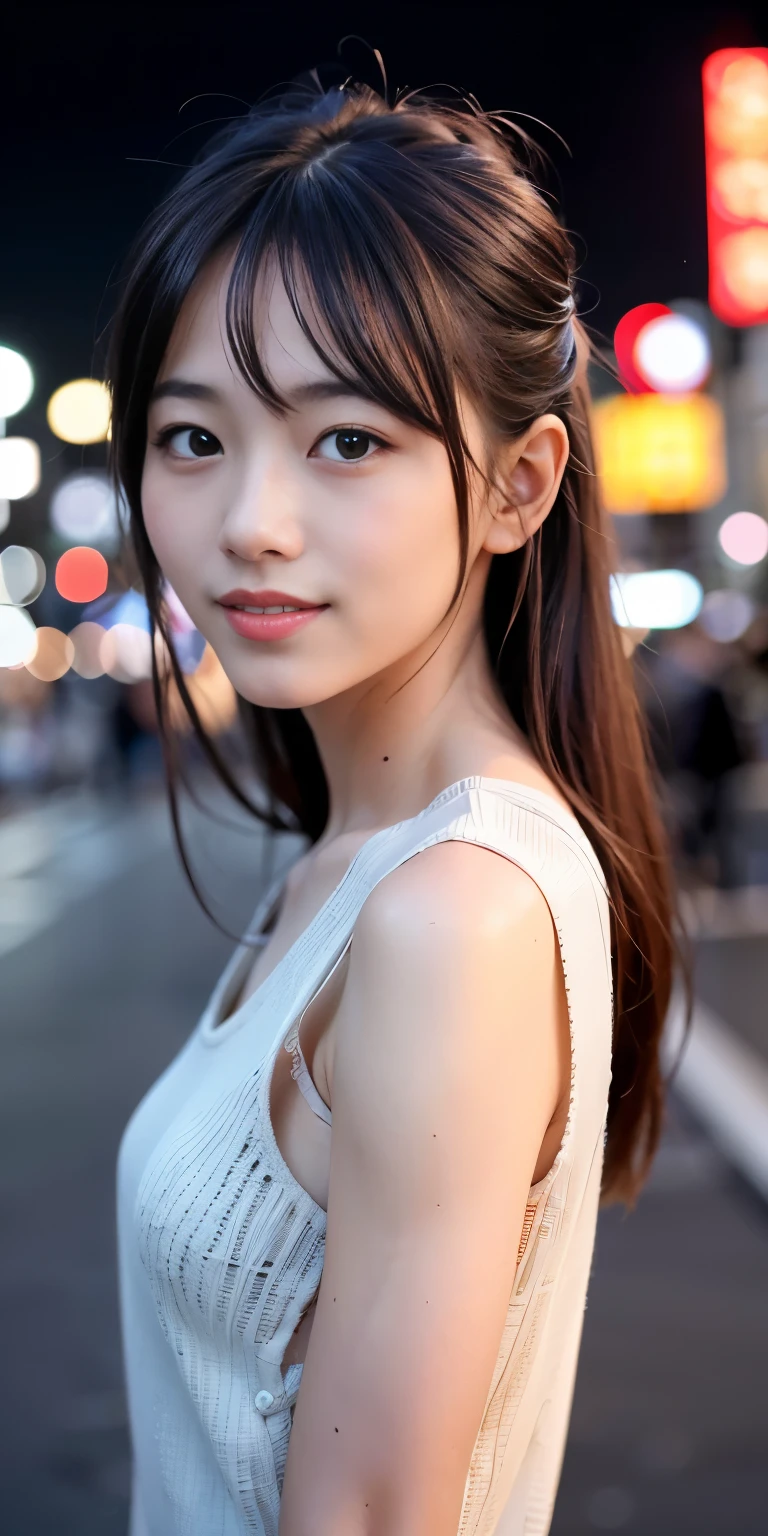 1 Girl, Tokyo Street,night, Streetscape,City lights,Upper Body,close,smile,, (8K, Raw photo, highest quality, masterpiece:1.2),(Realistic, photo-Realistic:1.37),