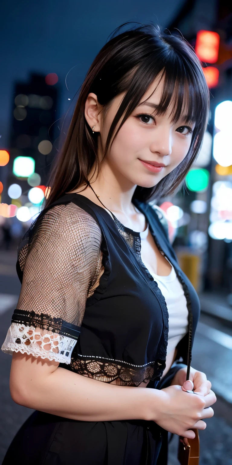 (8k, RAW Photos, Highest quality, masterpiece:1.2), Super detailed, 超High resolution,
(Realistic, photo Realistic:1.37), Portraiture, High-definition RAW color photos, Professional photos,
Very delicate and beautiful, Very detailed, 8k wallpaper, wonderful, In detail, Large file size, Official Art, Very detailed CG unity 8k wallpaper,
Very detailed beautiful girl, Very detailed face, Very detailed eyes, Very detailed skin, Very detailed fingers, Very detailed nose, Very detailed mouth, Perfect Anatomy, Very detailed背景, Very detailed clothing,
One girl, (18-year-old:1.2), , cute girl, Famous Japanese Idols, cute,
(Small breasts:1.2), Realistic body, ,
Fair skin, Shiny skin, Slender body, Good figure,
Black Hair, Straight long hair, (Blunt bangs:1.2),
smile, cute, young, cute face, Realistic face,
Beautiful and detailed eyes, Droopy eyes,
T-Shirts, skirt, thigh, necklace, Earrings,
View your viewers, Cowboy Shot, Facing forward, Standing posture, Contrasting,
Outdoor, (night:1.2), Neon City, Neon Light, Neon Signs, public, crowd,
Dynamic Lighting, High resolution,