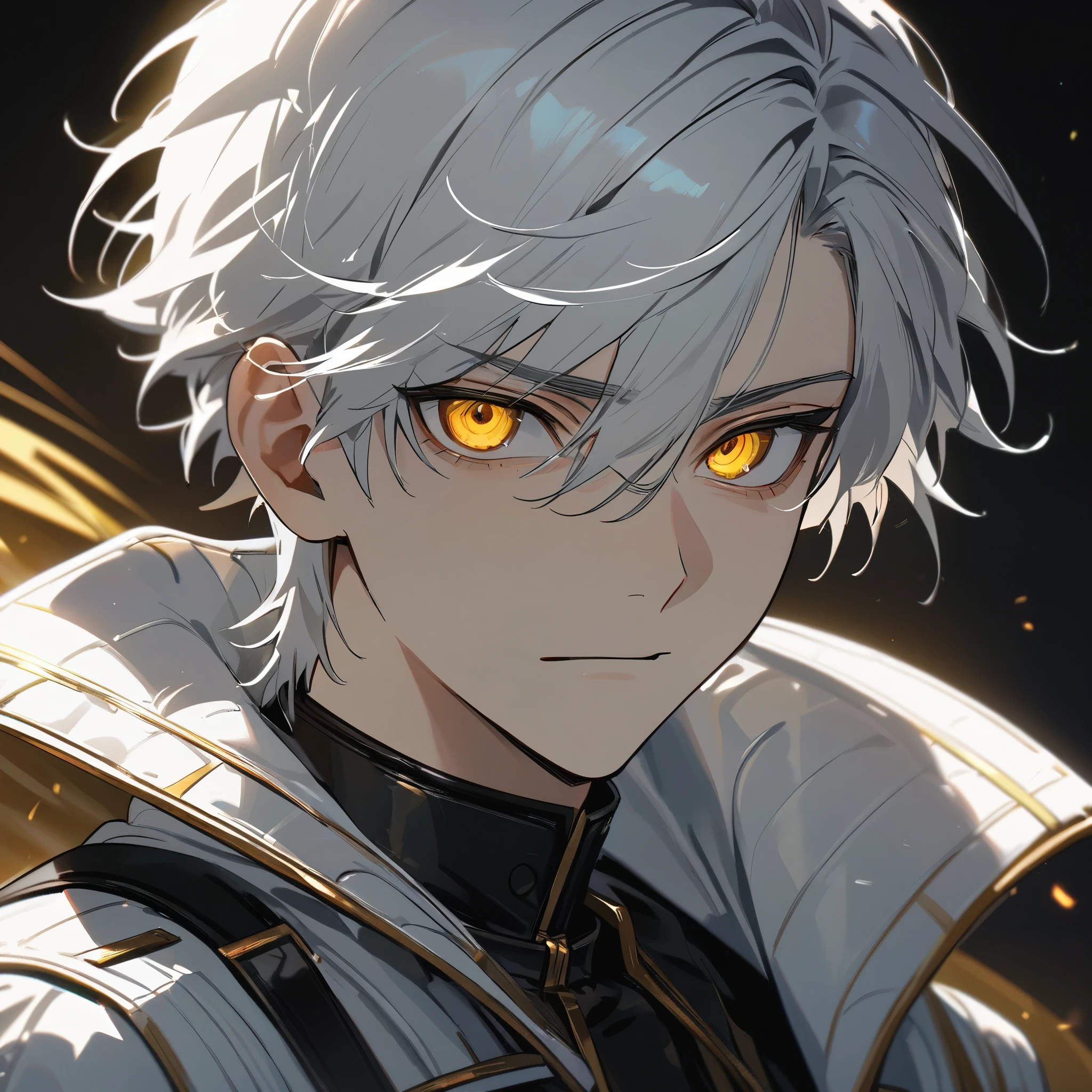 High quality, HD, 4k, handsome male, 1male, 17 years old, teenager, golden lining, short white hair, sharp eyes, gold eyes, devil may cry, close up, calm expression, stoic expression, black leather clothes, white leather clothing, upper body, looking at viewer, cowboy shot, white solar, darkness background