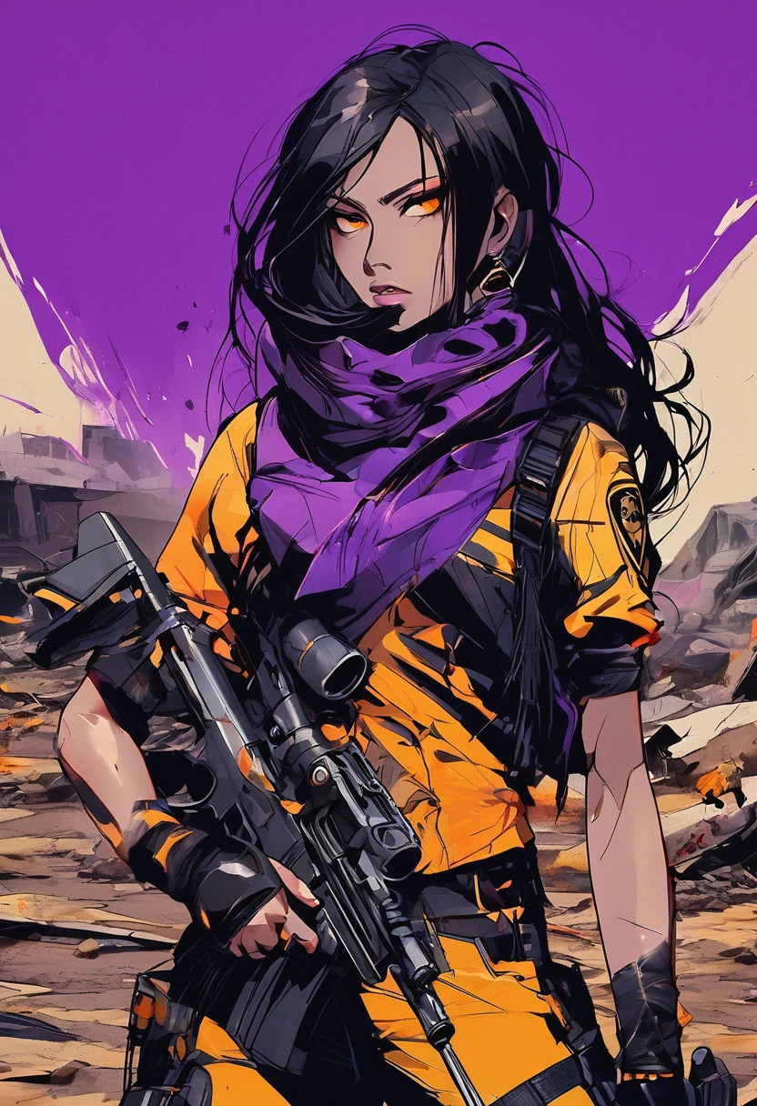 dark and torn, 1 young beautiful muscular body, fierce expression, holding a gun, (colors on her clothes, warm, orange, yellow, violet:1.3), standing on a desolate wasteland, dramatic lighting, intense shadows, sandy texture, tall contrast, vibrant colors, dynamic pose, powerful stance, rugged background, explosive atmosphere, dystopian theme, surreal elements, digitally painted illustration, HD resolution, intricate details, dramatic composition, avant-garde and chaotic brush strokes, gothic style, intense emotions, epic scale, raw and gritty feel, captivating and provocative artwork.