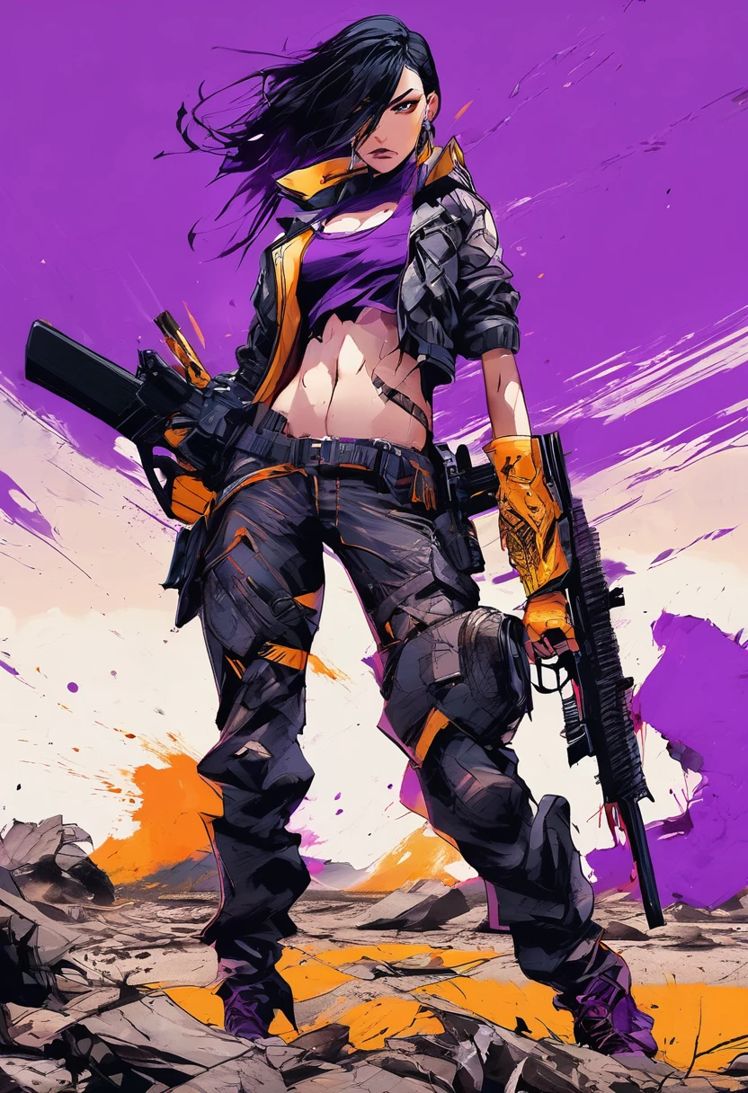 dark and torn, ****ung beautiful muscular body, fierce expression, holding a gun, (colors on her clothes, warm, orange, yellow, violet:1.3), standing on a desolate wasteland, dramatic lighting, intense shadows, sandy texture, tall contrast, vibrant colors, dynamic pose, powerful stance, rugged background, explosive atmosphere, dystopian theme, surreal elements, digitally painted illustration, HD resolution, intricate details, dramatic composition, avant-garde and chaotic brush strokes, gothic style, intense emotions, epic scale, raw and gritty feel, captivating and provocative artwork.