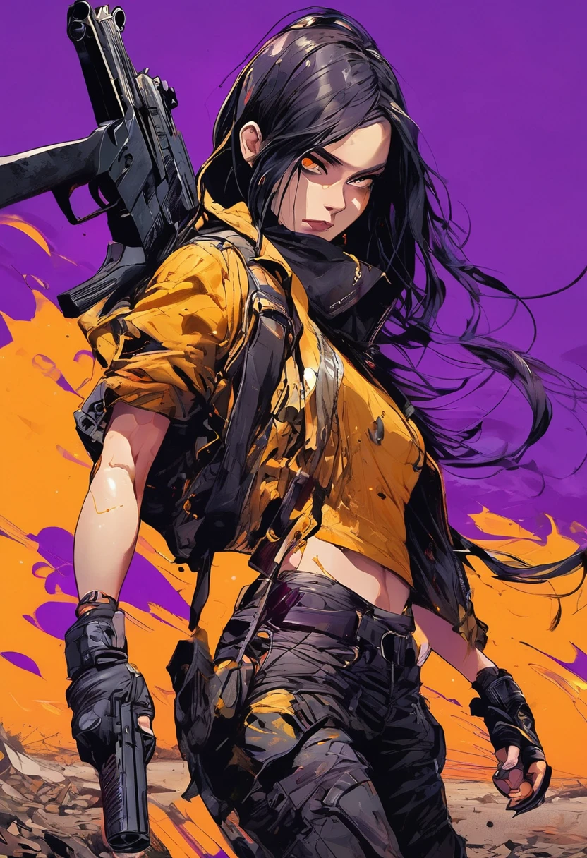 dark and torn, ung beautiful muscular body, fierce expression, holding a gun, (colors on her clothes, warm, orange, yellow, violet:1.3), standing on a desolate wasteland, dramatic lighting, intense shadows, sandy texture, tall contrast, vibrant colors, dynamic pose, powerful stance, rugged background, explosive atmosphere, dystopian theme, surreal elements, digitally painted illustration, HD resolution, intricate details, dramatic composition, avant-garde and chaotic brush strokes, gothic style, intense emotions, epic scale, raw and gritty feel, captivating and provocative artwork.