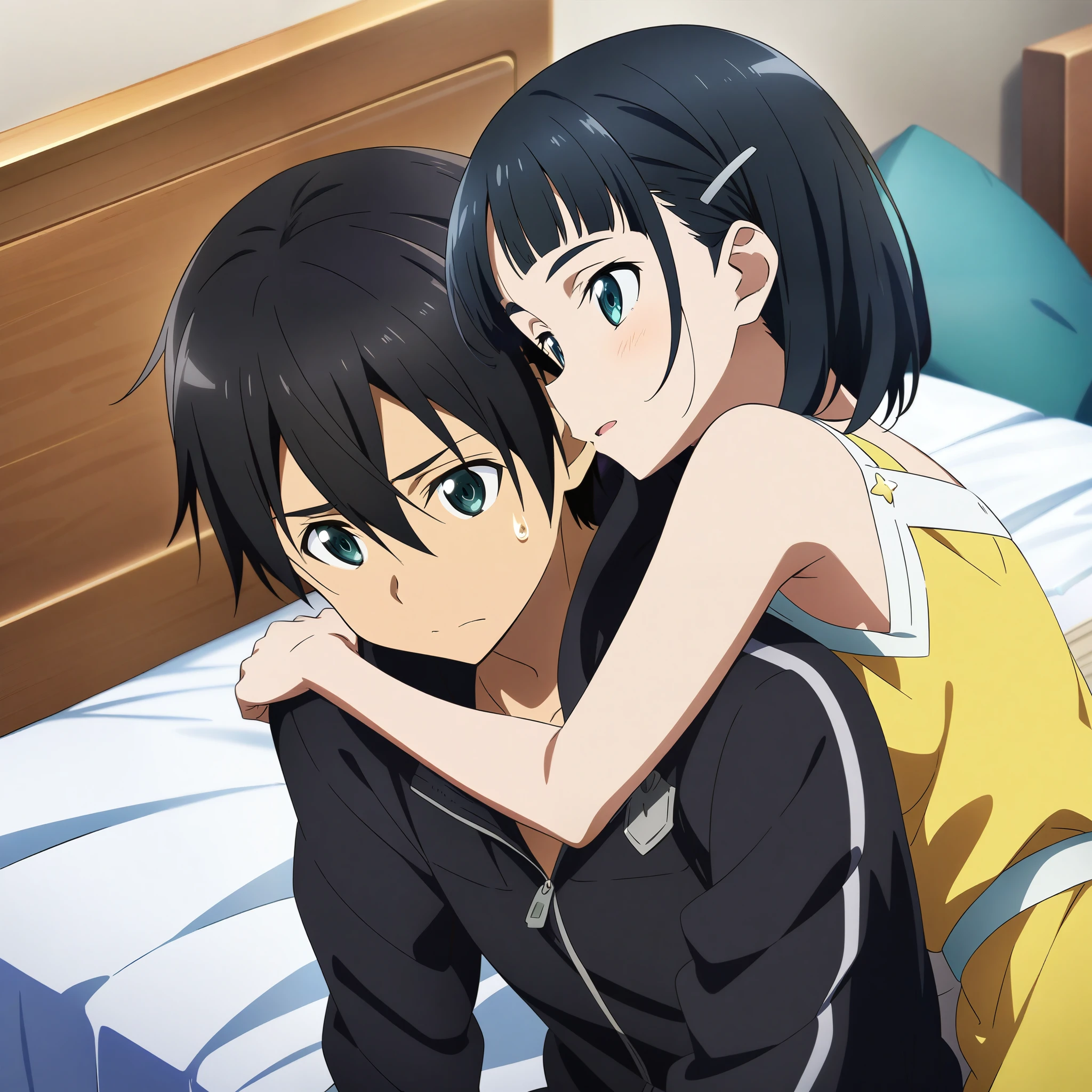 1girl and 1boy, kirigaya Suguha and kirito, sword art online, hug, bed, masterpiece, best quality, very aesthetic, absurdres, anime artwork, anime style, key visual, vibrant, studio anime, highly detailed