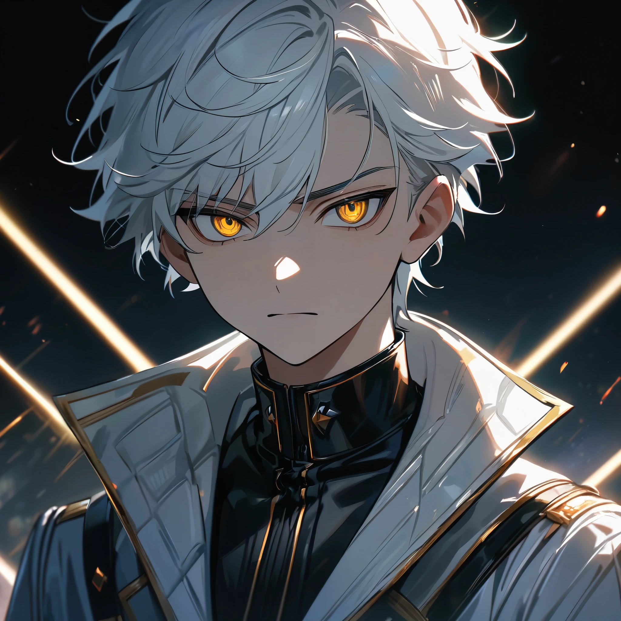 High quality, HD, 4k, handsome male, 1male, s old, teenager, golden lining, short white hair, sharp eyes, gold eyes, devil may cry, close up, calm expression, stoic expression, black leather clothes, white leather clothing, upper body, looking at viewer, cowboy shot, white solar, darkness background