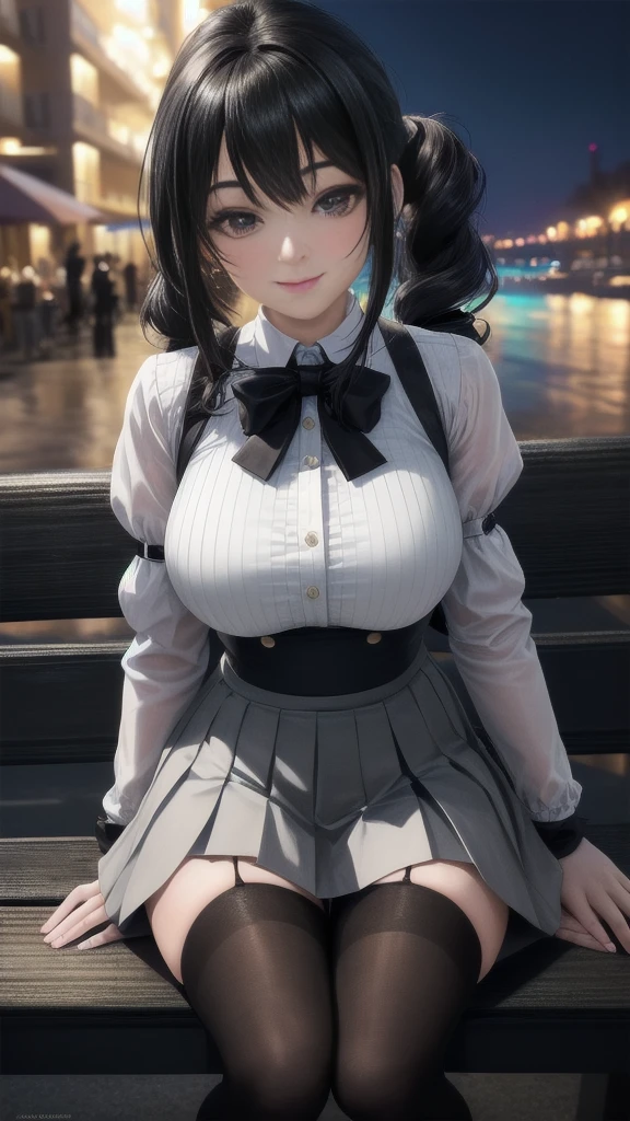 A high resolution, Ultra detailed, (1girll:1.3), (Dynamic pose):1.0 BREAK, 1 extremely beautiful and glamorous  anime girl sitting on the park bench at night, wearing a white collard shirt and a knee-length long pleats skirt, (Black stockings), she has black wavy pony-tail hair style, huge-breasted, Smile, cheerfulness, Wind, 8 life size, Detailed clothes, Detailed body, detailed arms, human hand, Detailed hands, upperbody shots, Hip focus, Blush, Light smile, looking a viewer, Facing the viewer, staring at the audience, The beach is brightly lit around，with stars shining in the sky, Studio soft light, Cinematic light, Detailed background, Realistic, Ultra-realistic, Masterpiece, 32k ultra-sharp image,