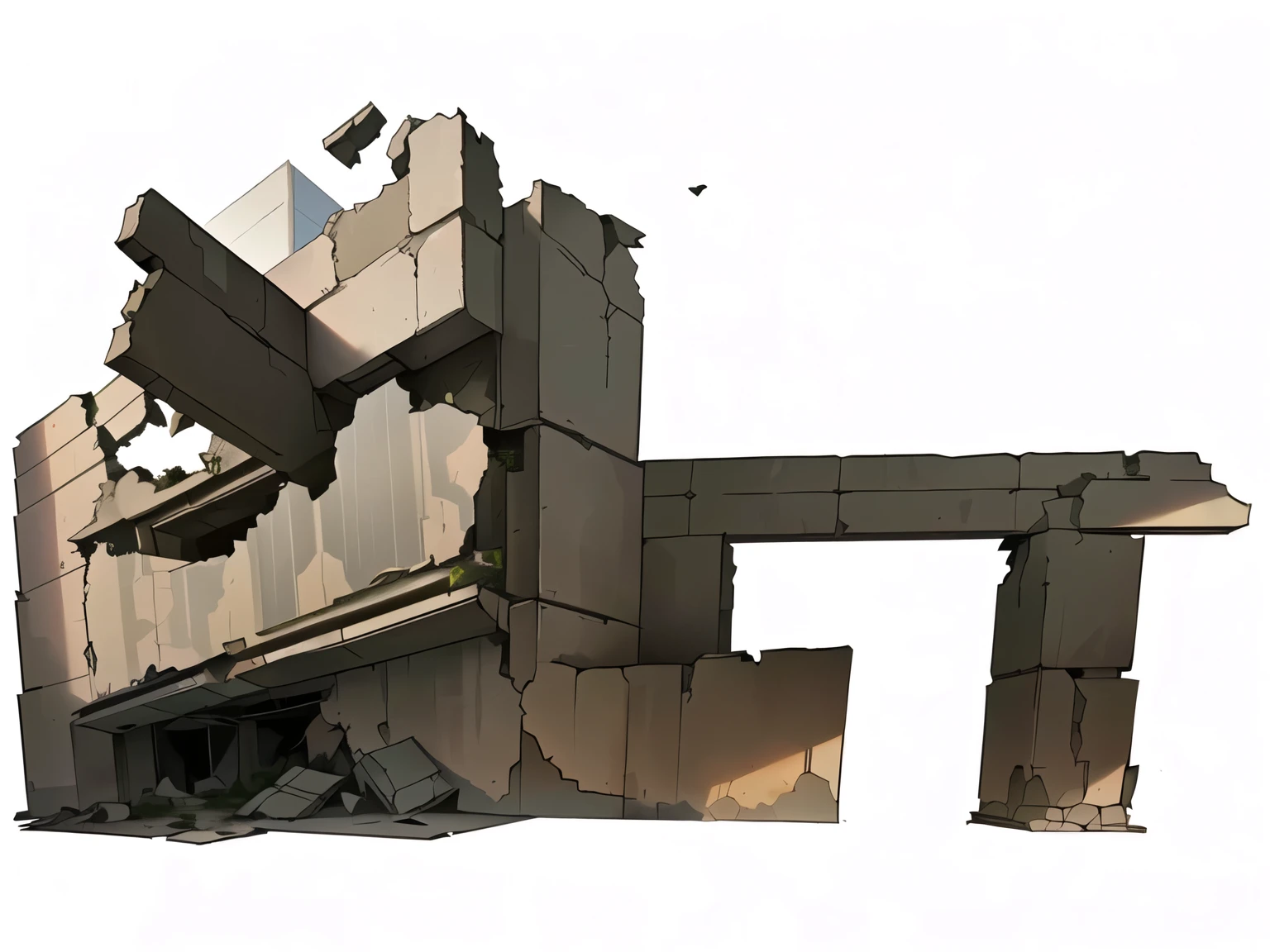 a close-up of a building with a broken wall and a broken window, Arquitetura brutalista colapsada, estruturas danificadas, arquitetura arruinada, futuristic estructures in ruins, broken buildings, Temple in ruins, ruined ruins, grande base brutalista, destroyed buildings, post apocalyptic building, destroyed building, building crumbling, futuristic ruins, by senior environmental artist, ruined buildings