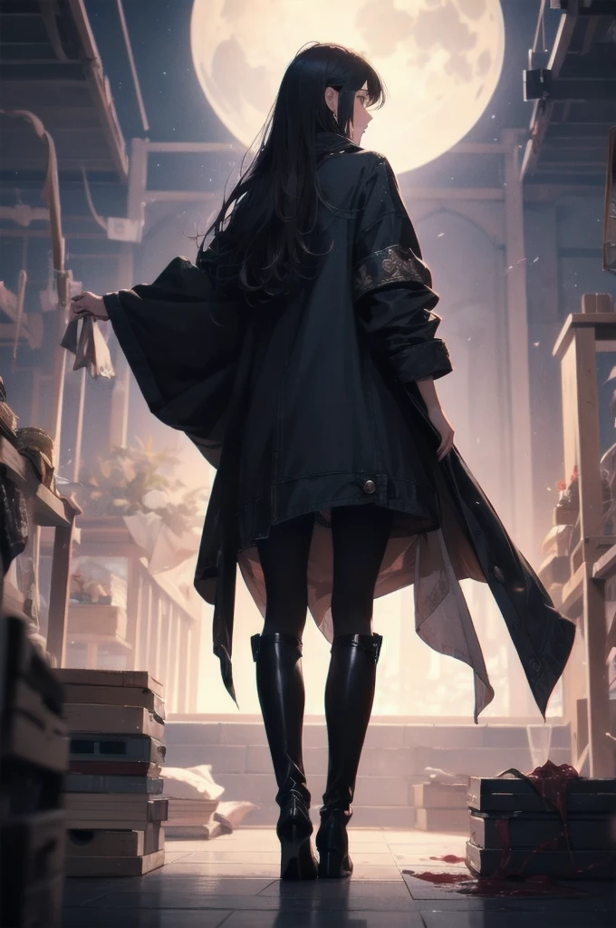 1 female, Wide Shot, standing in リヤビューof bloody full-moon,Back view,  From below ,silhouette， Knee-high boots，Long coat,High resolution,(Unbelievably absurd),Anime Visual,Highly detailed CG Unity 8k wallpaper, ((masterpiece)), ((highest quality)), (Beautiful illustrations), ((Very delicate and beautiful))