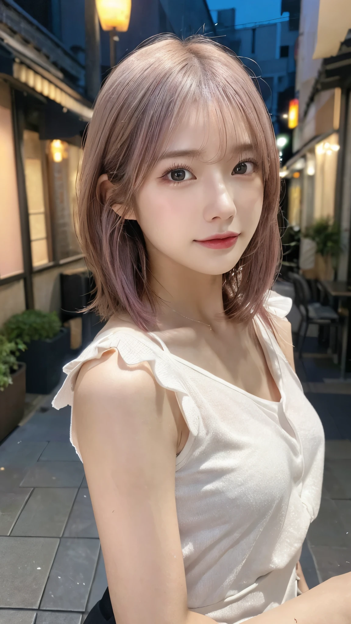 (highest quality,masterpiece:1.3,超A high resolution,),(Very detailed,Caustics),(Photorealistic:1.4,RAW shooting,)Ultra-Realistic Capture,Very detailed,High resolution 16K for human skin、 Natural skin texture、、Skin tone is even and healthy looking、 Use natural light and color,One Woman,Japanese,,cute,Pink,Middle Hair,(Written boundary depth、chromatic aberration、、Wide range of lighting、Natural Shading、)、(Outdoor lighting at night:1.4)、(Hair swaying in the wind:1)、short hair、（Exposure:3.0）、Sheer white shirt、Inside the cafe、coffee