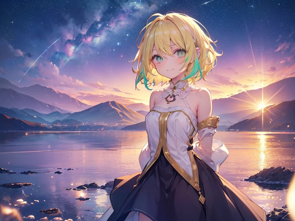 ((((masterpiece))))、dress, Green Eyes, blonde、Multicolored Hair、Inner Color、Wavy Hair、 short hair、28-year-old female、(((((Arms behind back)))))、((((yawn)))),((((1 girl))))、smile、Beautiful night sky、8K background、Medium Chest、whole body、Woman Standing On The Surface of the Lake、Uyuni salt lake、No sleeve