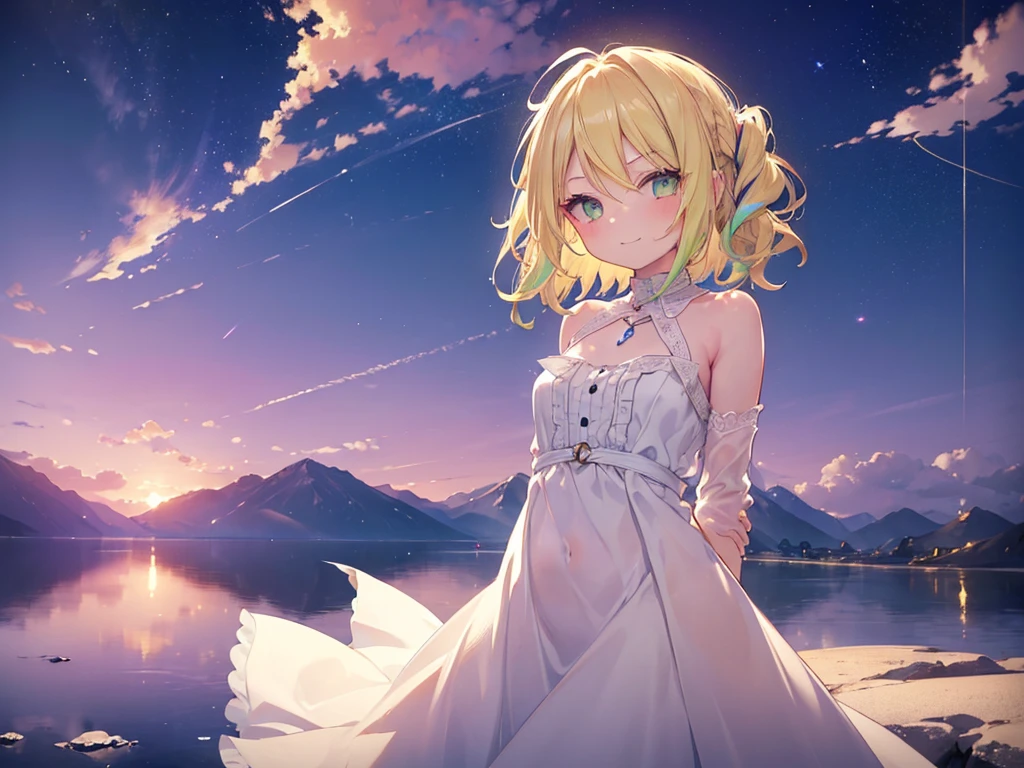 ((((masterpiece))))、dress, Green Eyes, blonde、Multicolored Hair、Inner Color、Wavy Hair、 short hair、28-year-old female、(((((Arms behind back)))))、((((yawn)))),((((1 girl))))、smile、Beautiful night sky、8K background、Medium Chest、whole body、Woman Standing On The Surface of the Lake、Uyuni salt lake、No sleeve