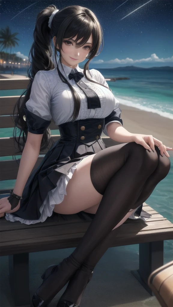A high resolution, Ultra detailed, (1girll:1.3), (Dynamic pose):1.0 BREAK, 1 extremely beautiful and glamorous anime girl sitting on the park bench at night, wearing a white collard shirt and a knee-length long pleats skirt, (Black stockings), she has black wavy pony-tail hair style, huge-breasted, Smile, cheerfulness, Wind, 8 life size, Detailed clothes, Detailed body, detailed arms, human hand, Detailed hands, upperbody shots, Hip focus, Blush, Light smile, looking a viewer, Facing the viewer, staring at the audience, The beach is brightly lit around,with stars shining in the sky, Studio soft light, Cinematic light, Detailed background, Realistic, Ultra-realistic, Masterpiece, 32k ultra-sharp image,