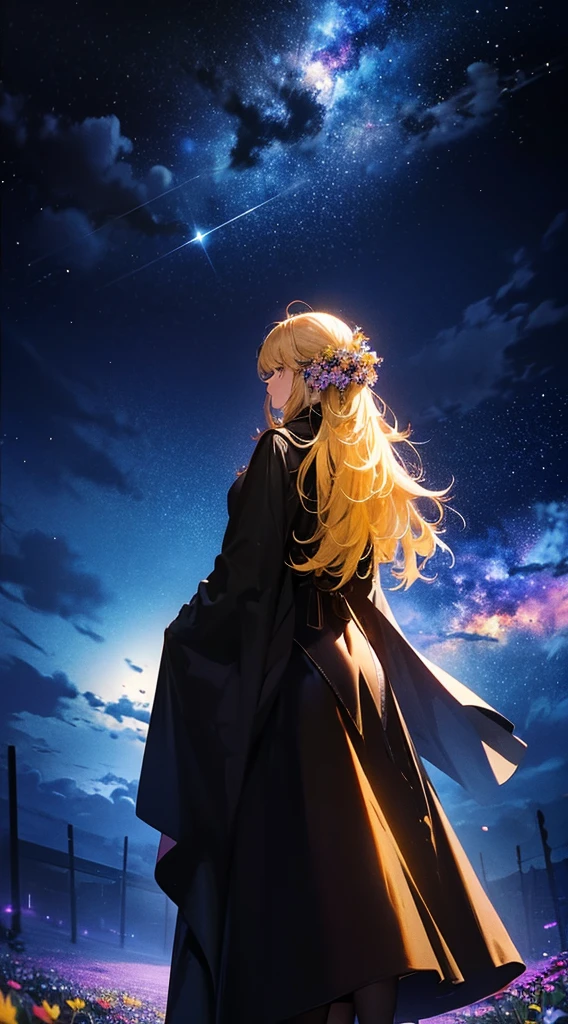 １people々,Blonde long-haired woman，Long coat， Dress Silhouette， Rear View，Space Sky, Flower Field，Colorful flowers