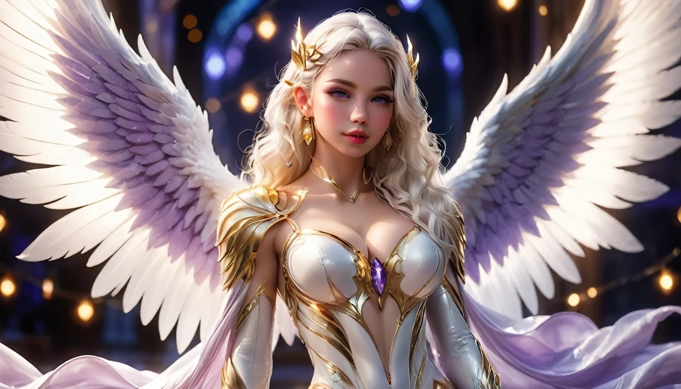 White and Gold, Movie photos full body female archangel, Her appearance perfectly blends the ancient mystery. Has a beautiful face and anime realistic style, She exudes a kind of cold and detached beauty, There are six pairs of huge angel feather wings, (Perfect anatomical structure:2), porcelain impression, (The light of the Alps:1.2), Triangular face, Platinum White Hair, Eye roll, short nose, thick lips, Protruding chin, Long white hair, Coarse hair, messy waves, Large Breasts, Elf ears, earrings, Lavender Satin Lipstick, (fairy lights), [(detail:1.2): [ (many small detail:1.3) : [ (many ultrasmall detail: 1.2):(Very detailed ultra-small edges and micro-relief:1.5):0.7 ]: 0.4 ] :0.2]