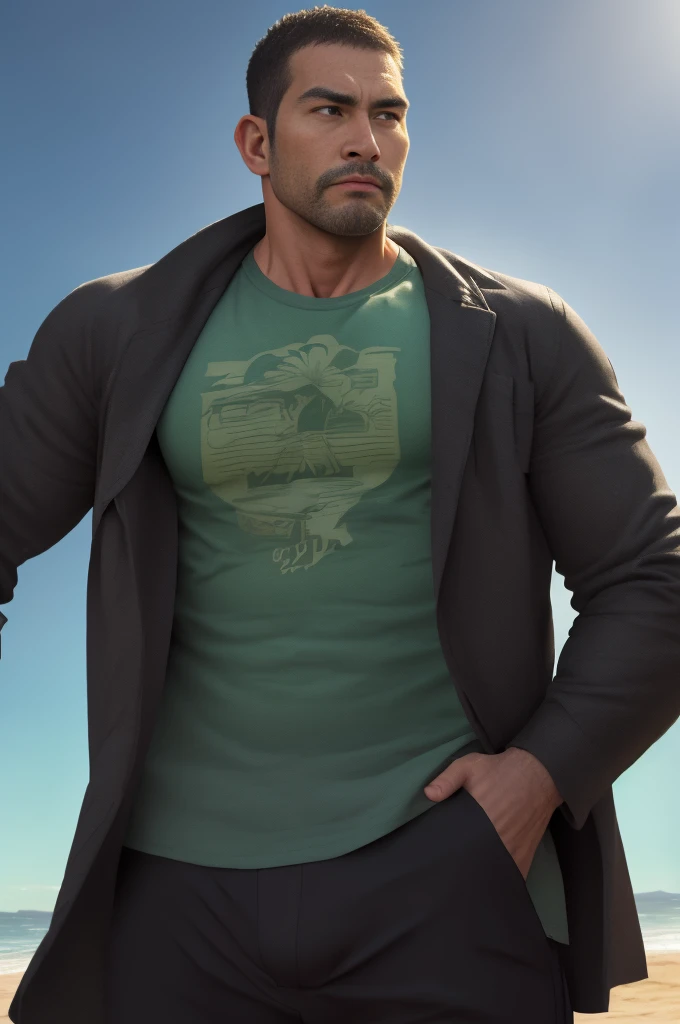 An award-winning original photo, 1 man, solo, ((41 year old)), George Pei, Chris Redfield, ((daddy)) weaing casual gray T-shirt inside, ( jacket with white and green print outside), (dark black trousers), muscular male, round face, bulge, tall and hunk, biceps, abs, chest, emotionless face, best quality, masterpiece, dynamic angle, beach in the background, detailed face, volumetric lighting, center focus, from below,(Best quality, A high resolution, Photorealistic), Cinematic lighting, Masterpiece, RAW photo, Intricate details, hdr,
