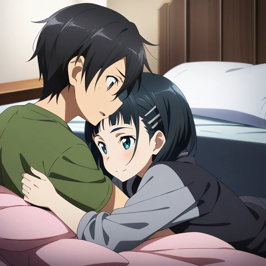 1girl and 1boy, kirigaya Suguha and kirito, sword art online, hug, bed, masterpiece, best quality, very aesthetic, absurdres, anime artwork, anime style, key visual, vibrant, studio anime, highly detailed