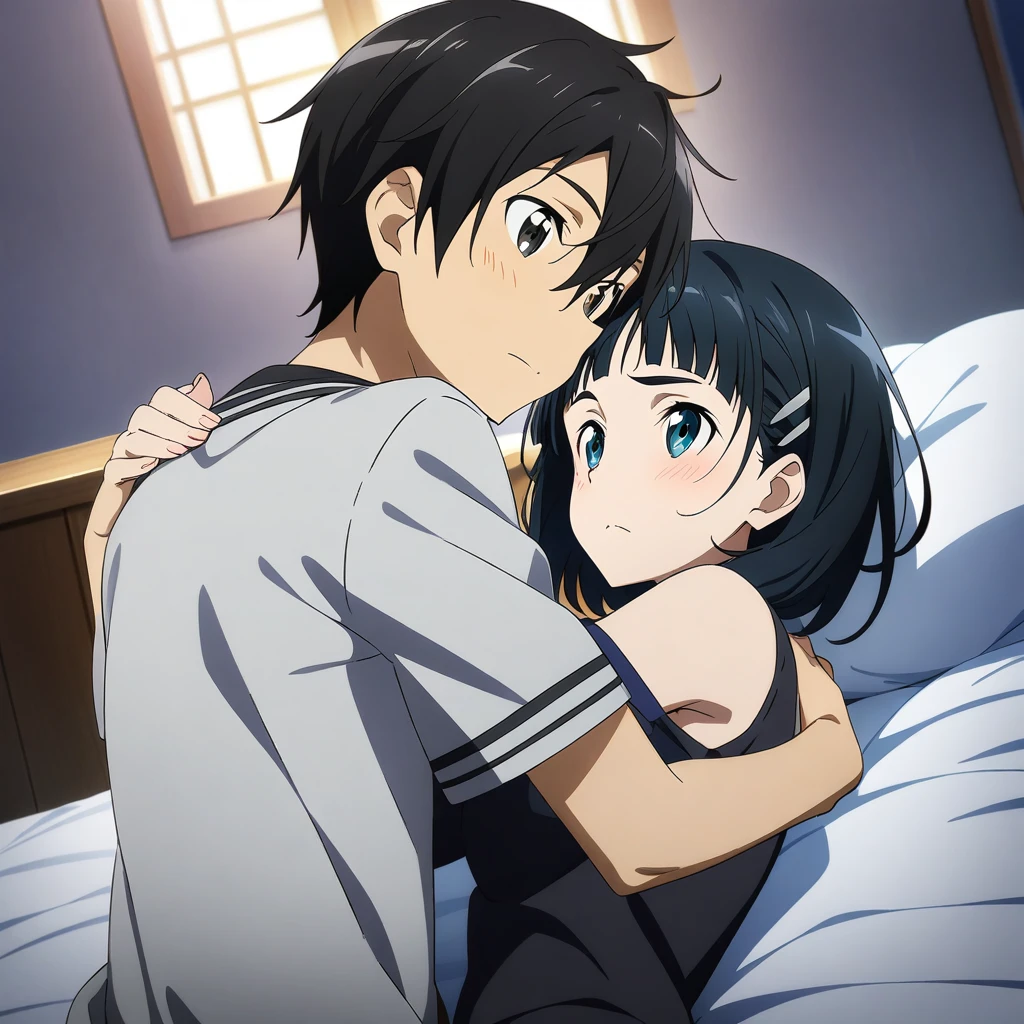 1girl and 1boy, kirigaya Suguha and kirito, sword art online, hug, bed, masterpiece, best quality, very aesthetic, absurdres, anime artwork, anime style, key visual, vibrant, studio anime, highly detailed