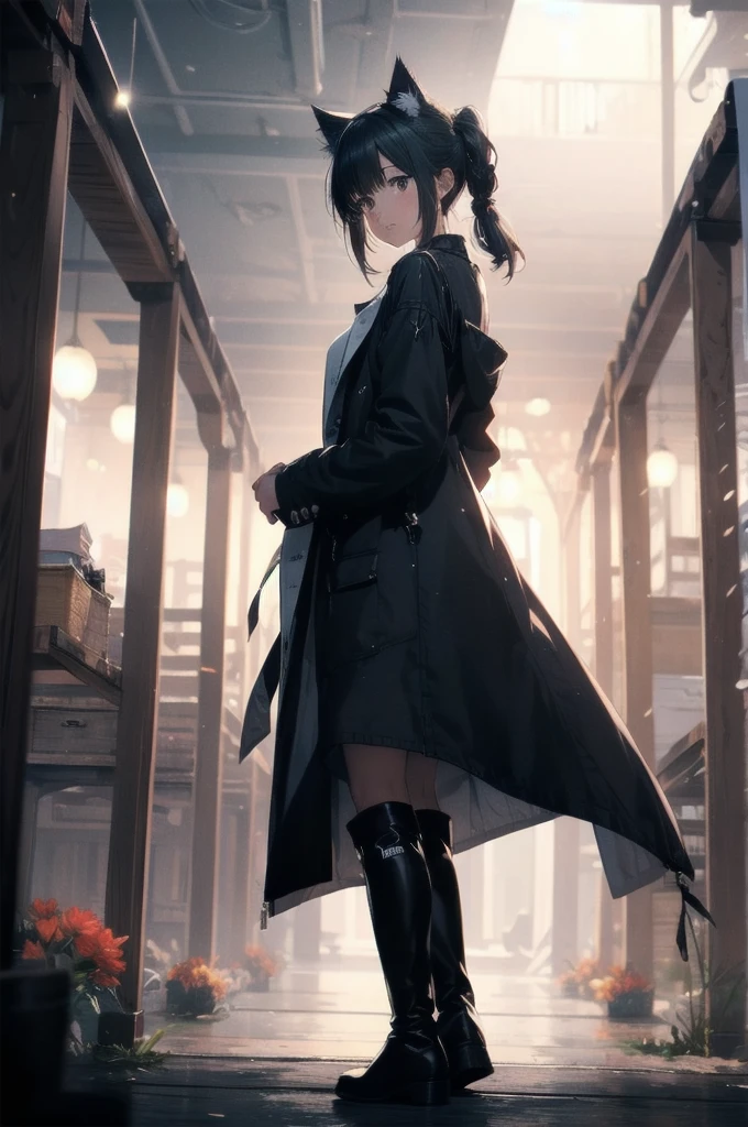 1 female,Cat Ears， Wide Shot, standing in リヤビューof bloody full-moon,Back view,  From below ,silhouette， Knee-high boots，Long coat,High resolution,A flower field，(Unbelievably absurd),Anime Visual,Highly detailed CG Unity 8k wallpaper, ((masterpiece)), ((highest quality)), (Beautiful illustrations), ((Very delicate and beautiful))