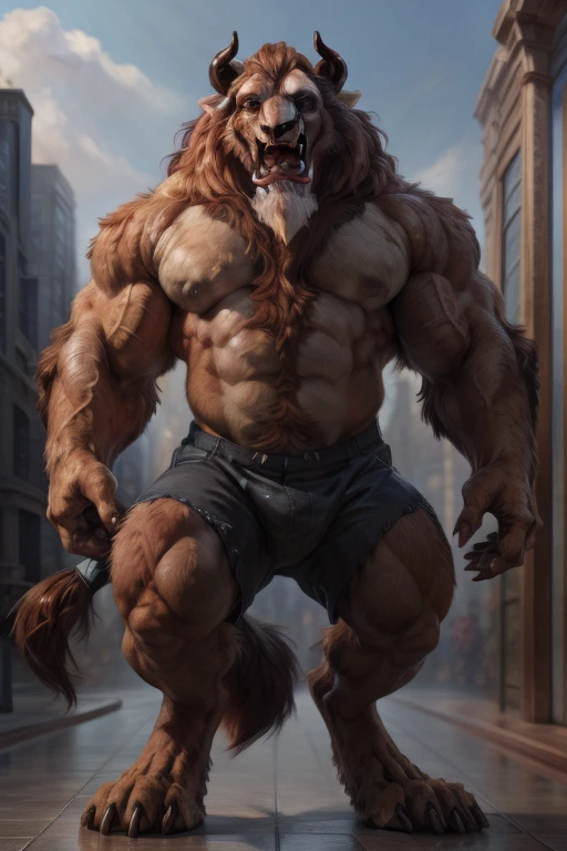 A photorealistic image of the Beast from the movie Beauty and the Beast, super muscular giant, with muscular arms, broad shoulders, giant and toned physique, bursting muscular veins, blue eyes, tail, super furry brown fur, backward facing horns, with veins jumping, barefoot, 50 meter tall supergiant in the center of a city, (by Darkgem, by Oouna, by honovy, by TheBigSlick, by phinnherz), male, beast (Disney), solo,, dress, clothes, wearing victorian suit , suit, costume, underwear, muscular, horn, tail, lion tail, Lora:, full height. 4K, high resolution, best quality, (strong pecs, big defined muscles, muscular shoulders), correct anatomy, (by Wfa:1.0), (by Takemoto Arashi:1.0), (by Taran Fiddler:0.5), sensual, (shorts red, topless), sensual shadows, slender posture, open mouth, exposed tongue, open eyes:1, detailed eyes