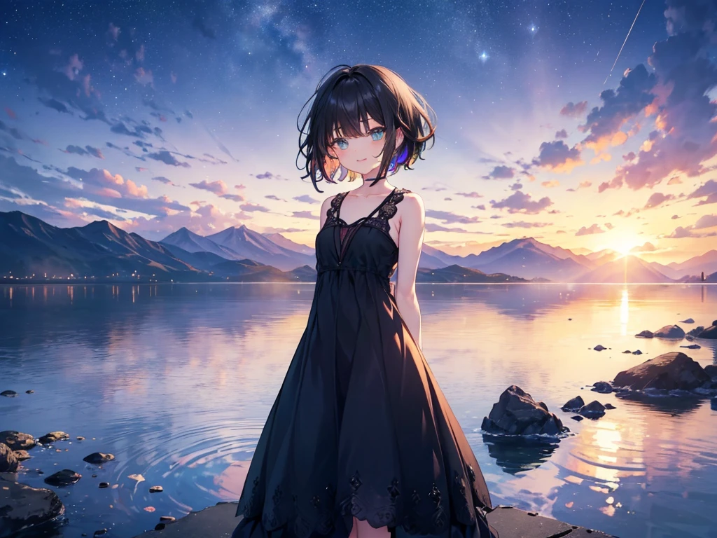((((masterpiece))))、dress, Green Eyes, Black Hair、Multicolored Hair、Inner Color、Wavy Hair、 short hair、28-year-old female、(((((Put your arms behind your back)))))、((((yawn)))),((((1 girl))))、smile、Beautiful night sky、8K background、Medium Chest、whole body、Woman Standing On The Surface of the Lake、Uyuni salt lake、Sleeveless、Top view、
