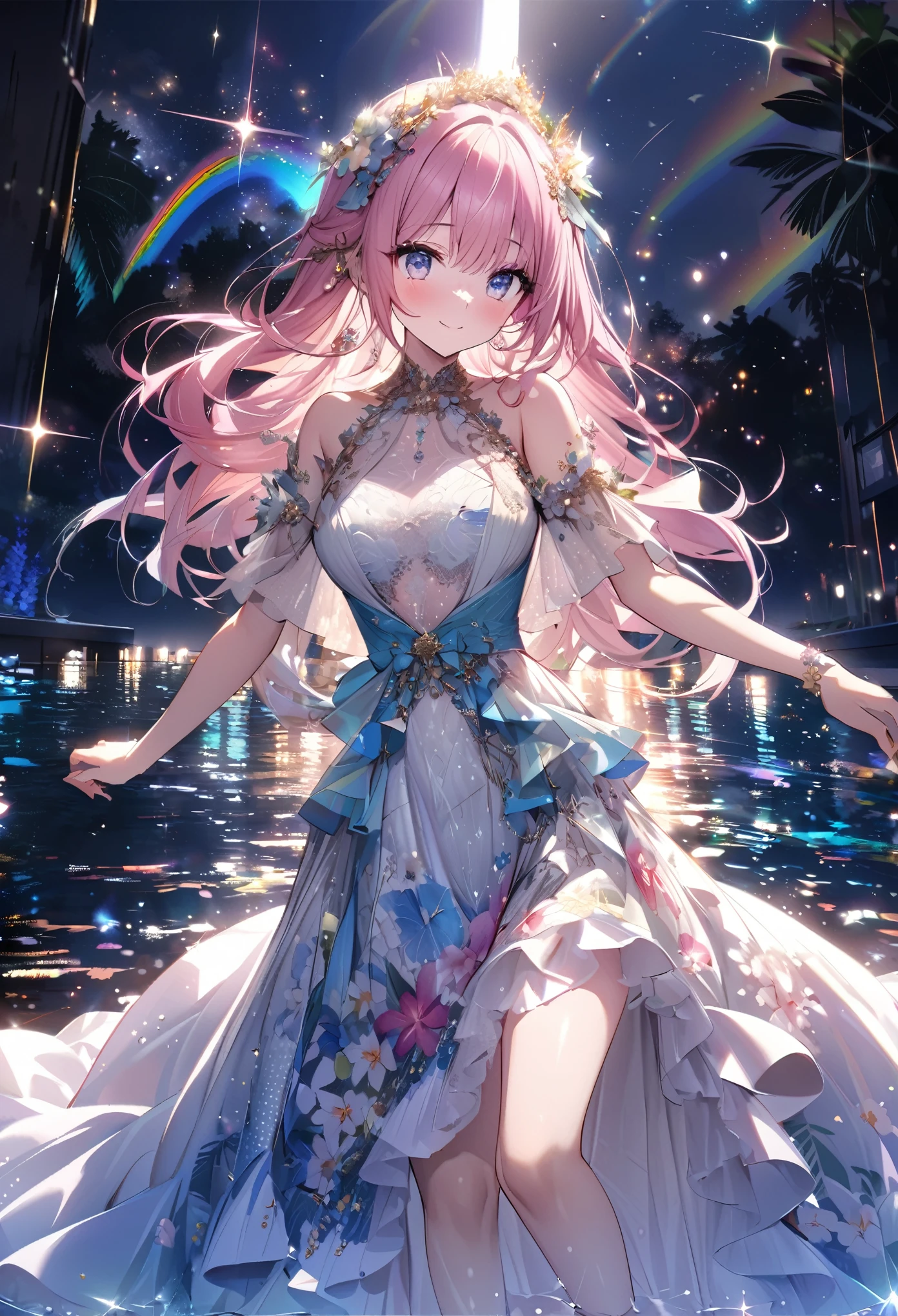 ``A beautiful woman with long pink hair and beautiful eyes wearing an elegant and detailed hawaiian dress.The dress must have intricate designs and patterns to give it a luxurious and luxurious feel.In the background , the image should depict a romantic Hawaiian beach at night with light reflecting off the water and an illuminated bridge across the scene, emphasizing the sparkling effects and rainbows throughout the image. Enhance your look and add special ruffles to your dress to make it stand out.”