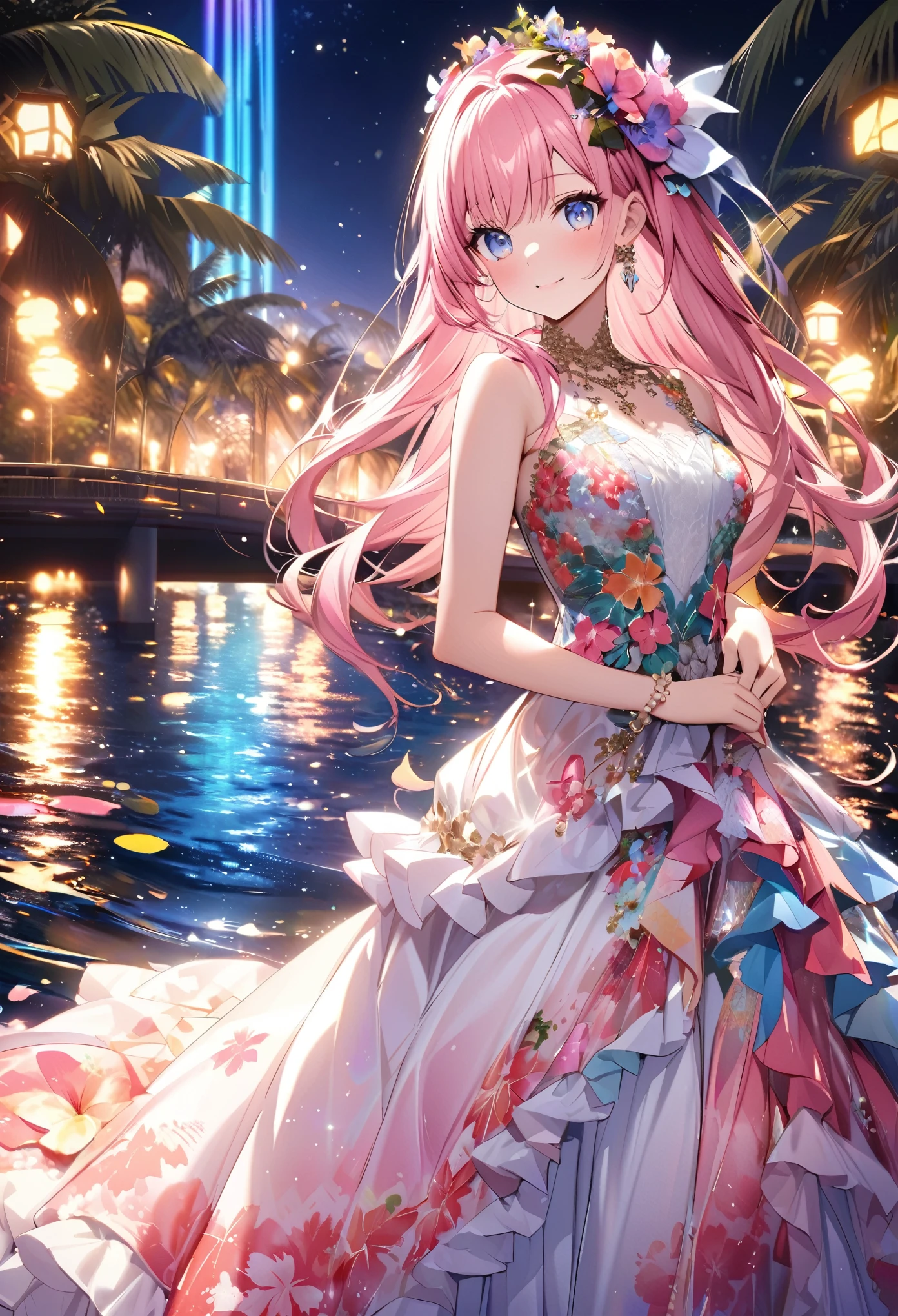 ``She has long pink hair and beautiful eyes.、Beautiful woman in an elegant and elaborate Hawaiian dress.For the dress、It needs intricate designs and patterns to give it a luxurious and classy look.。.In the background , The image is、The light reflected on the water surface、Beyond that is an illuminated bridge、It must depict a romantic Hawaiian beach at night.。, Enhance the sparkle effect and rainbow throughout the image. Enhance your looks、Add some special frills to your dress to make it stand out.”