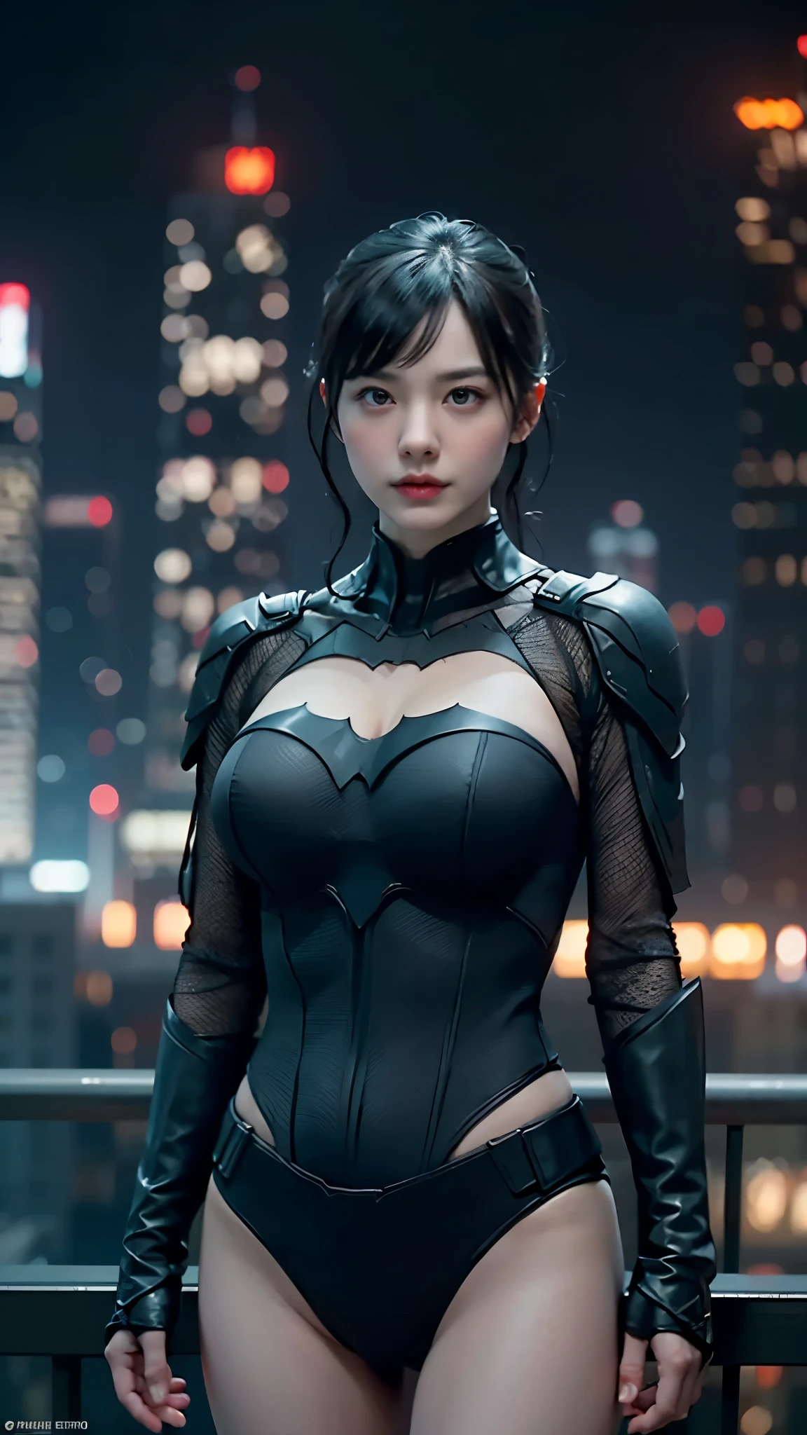 ((Masterpiece, Top Quality, High Resolution, Photorealistic, Raw, 8K wallpaper)), (huge stunning goddess shot, very hot and sexy, jaw dropping beauty, perfect proportions, beautiful body, slim body beauty: 1.4), batman standing on Rooftop overlooking city skyline at night, gotham city background, nighttime in gotham city, gotham city, from movie batman, gotham city double exposure, gotham city style, film still of batman, metropolis filmic gotham city, cyberpunk batman, still image from batman movie, in batman movie still cinematic, gotham setting, the batman, gotham,