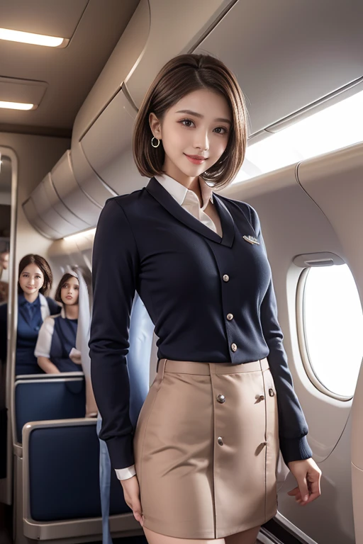 highest quality, Very detailed, masterpiece, 1 person,woman,(((完璧なwomanの体))),Very beautiful face, Very beautiful body,Gentle expression, Very beautiful eyes,(Perfect Makeup:1.1),Hair Bun,short hair,Shaggy Hair,Chestnut Hair:1.3, Very thin body,Smart Abs, ((Stewardess Uniform:1.4)),necklace,anklet,A kind smile,Full body portrait,(Airplane interior background:1.1), (Shiny skin),(Earrings),GGX Heel, Sticking your ass out to the camera, Buckshot, ((Protruding buttocks)), 