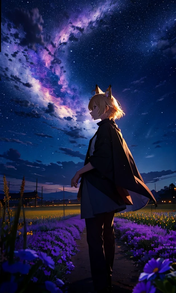 １people々々々々々々々々々々々々々々々々々々,Woman with medium length blonde hair，Fox Ears，Long coat，Takageta， Dress Silhouette， Rear View，Space Sky, Flower Field，Colorful flowers，Dancing Petals，full moon，shrine，