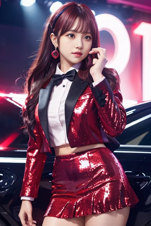 Female Idols、 Red sequin formal suit（Tight mini skirt）、Whole Body Ezbian、Colorful Hair、8K 