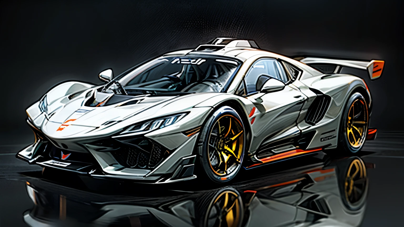 The hypercar of the future、Supercar、sports car、A co-production between Italy, Germany, the UK and Japan、Ideal aerodynamics、streamline、Speed 450km/h、White body、Gray background、
