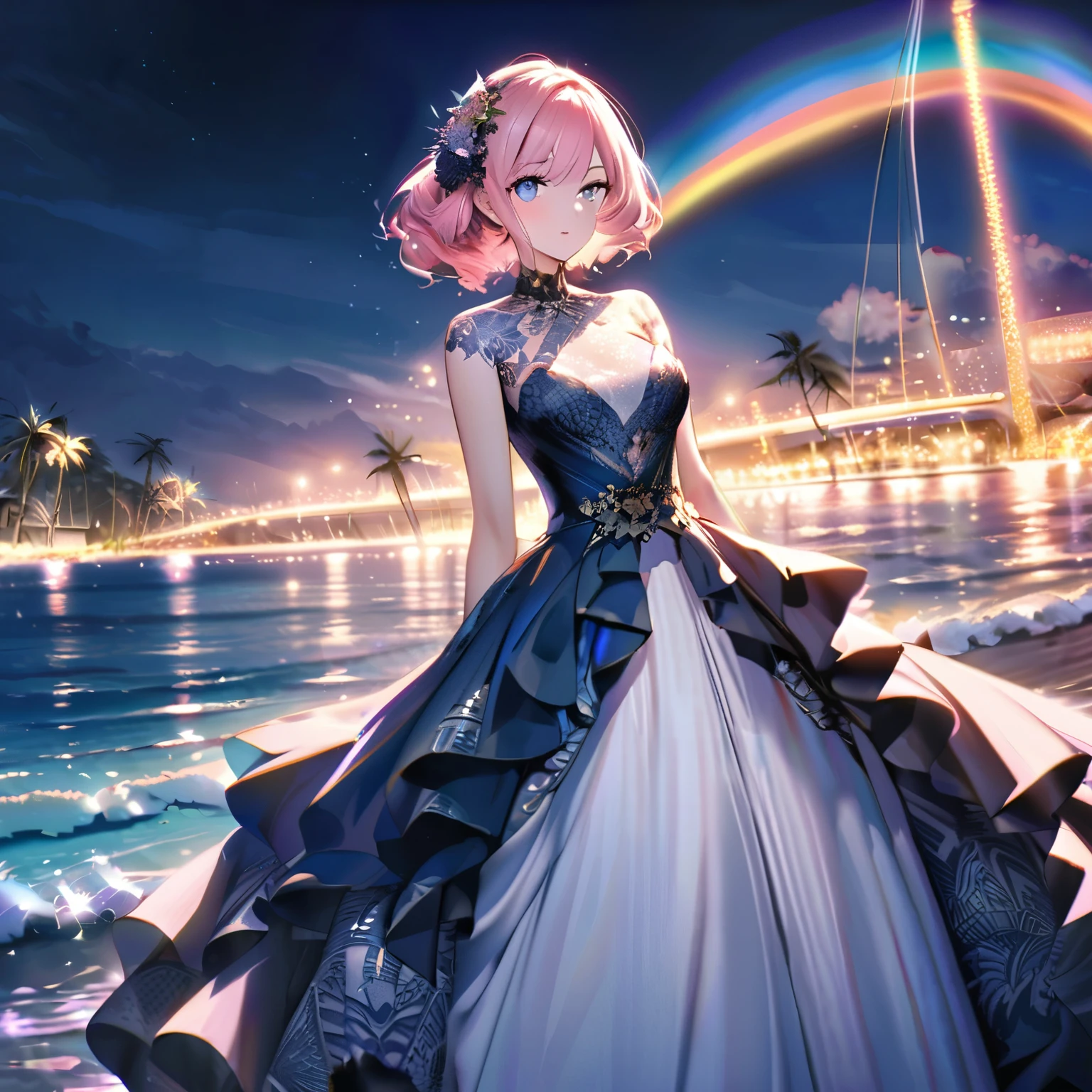 ``A beautiful woman with long pink hair and beautiful eyes wearing an elegant and detailed hawaiian dress.The dress must have intricate designs and patterns to give it a luxurious and luxurious feel.In the background , the image should depict a romantic Hawaiian beach at night with light reflecting off the water and an illuminated bridge across the scene, emphasizing the sparkling effects and rainbows throughout the image. Enhance your look and add special ruffles to your dress to make it stand out.”