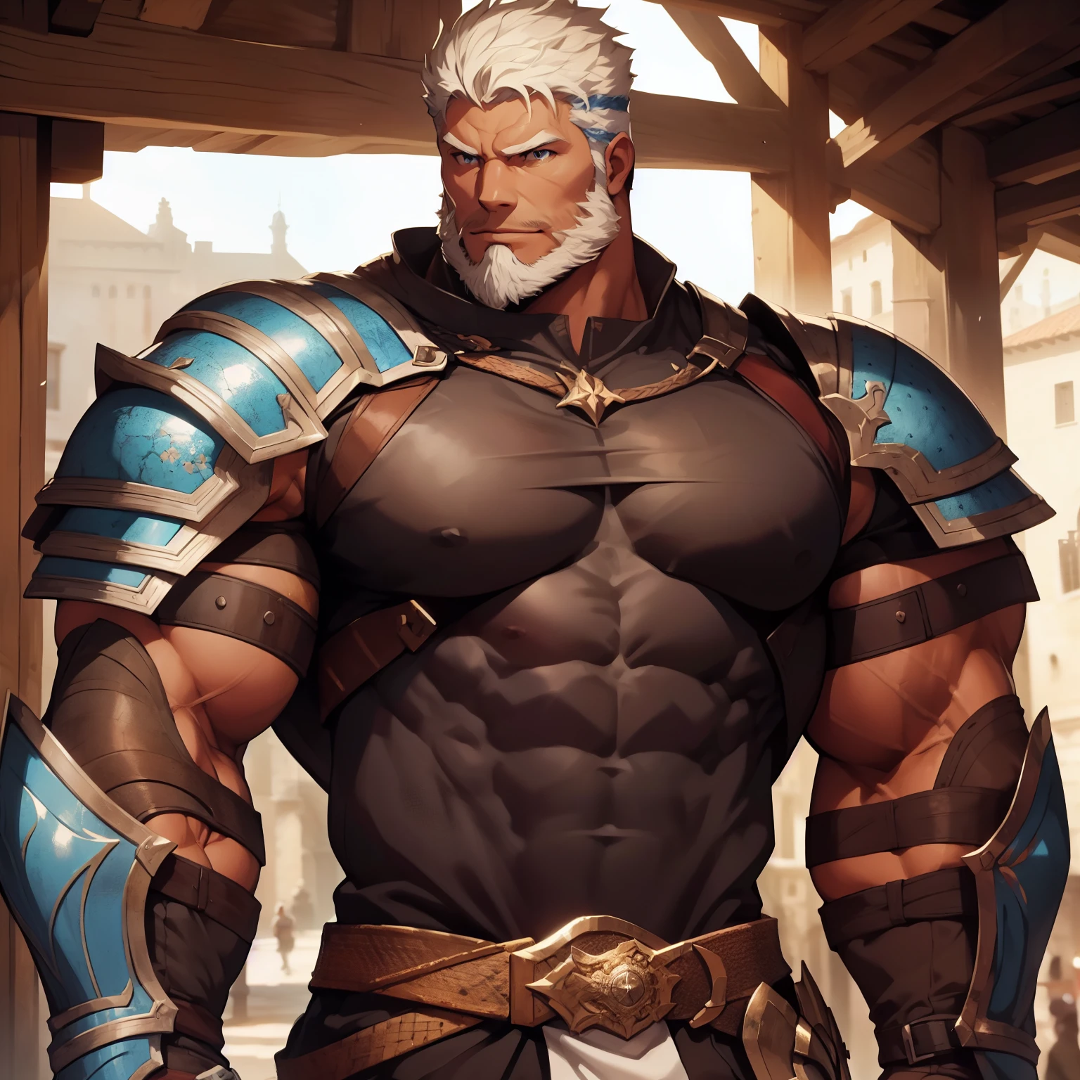 A powerfull handsome knights, muito lascivo, imponente, Vista lateral, below pov, corpo inteiro, 50 years old, white short hair , thick white beard, dark oliva skin color, peitorais largos, peitorais enornes, hair chest, pose dominadora, he is in a medieval city, rindo do espectador, wearing a tight tank top armor, detail armor, bare arms, Obra-prima maravilhosa altamente detalhada, beautiful cinematic light deep focus, elegante, Pintura digital, sementes, sharp focus, dramatic lighting, 8k