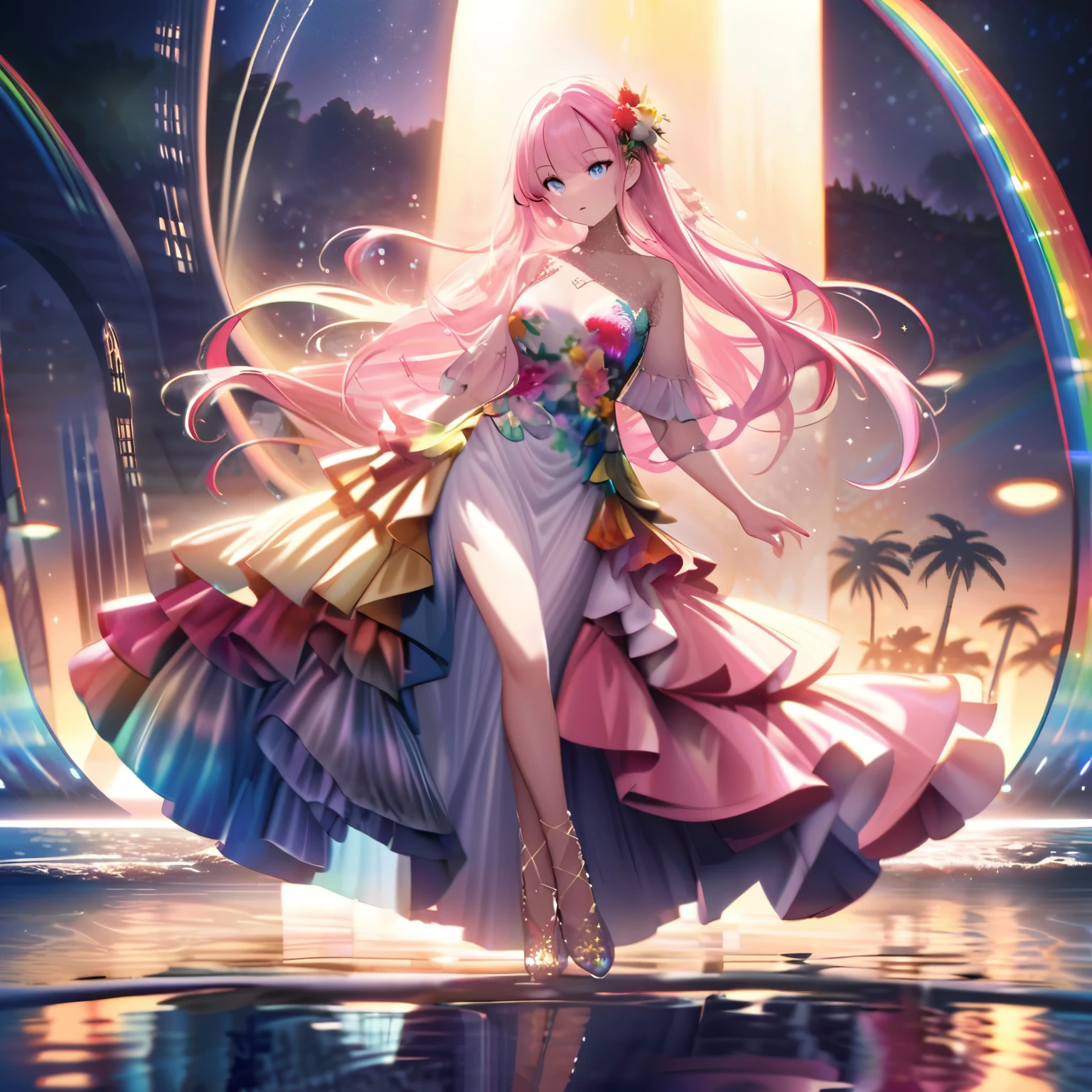 ``A beautiful woman with long pink hair and beautiful eyes wearing an elegant and detailed hawaiian dress.The dress must have intricate designs and patterns to give it a luxurious and luxurious feel.In the background , the image should depict a romantic Hawaiian beach at night with light reflecting off the water and an illuminated bridge across the scene, emphasizing the sparkling effects and rainbows throughout the image. Enhance your look and add special ruffles to your dress to make it stand out.”