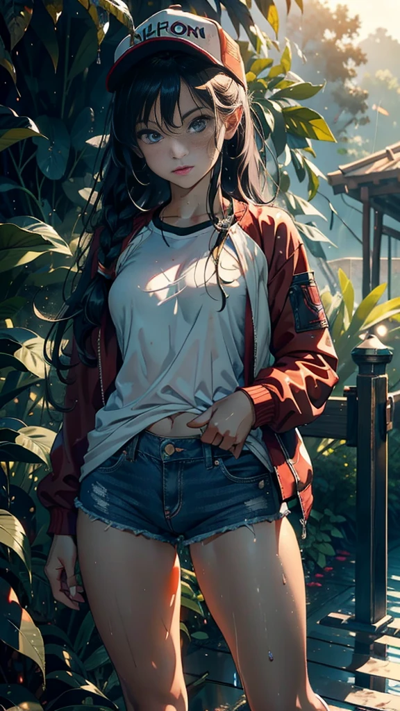 1female，9 years old，bit girl，Small ，super adorable，Bigchest ，Pornographic exposure， solo，（Background with：ln the forest，the rainforest，in summer，Standing water on the ground，exteriors） Feel free to hairstyle，Stride，Sweat profusely，drenched all over the body，seen from the front，Very long hair ， mostly cloudy sky，（（（tmasterpiece），（Very detailed CG unity 8K wallpaper），best qualtiy，cinmatic lighting，detailed back ground，beatiful detailed eyes，Bright pupils，blue color eyes（Very fine and beautiful），（Beautiful and detailed eye description），ultra - detailed，tmasterpiece，）），facing at camera，A high resolution，ultra - detailed）nakeness，with no underpants，revealing breasts，Bare genitalia， Bulge，Camel toes，Raised sexy，Lewd expression，Flushed complexion，Open-mouthed，frontage，elementary student（Wearing：Red baseball jacket，Denim tong，baseball cap，athletic sneakers）Full body photo，Show shoes