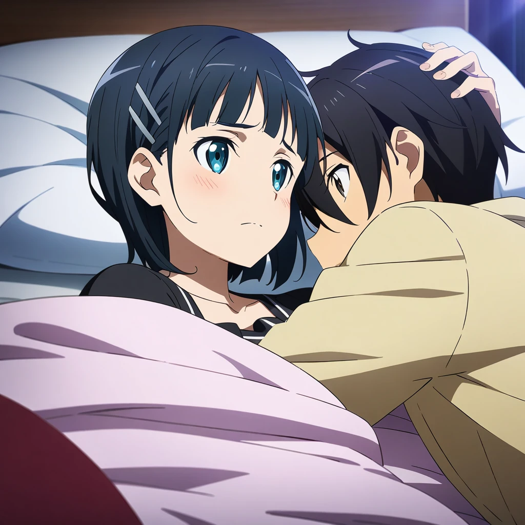 1girl and 1boy, kirigaya Suguha and kirito, sword art online, hug, bed, midnight, masterpiece, best quality, very aesthetic, absurdres, anime artwork, anime style, key visual, vibrant, studio anime, highly detailed