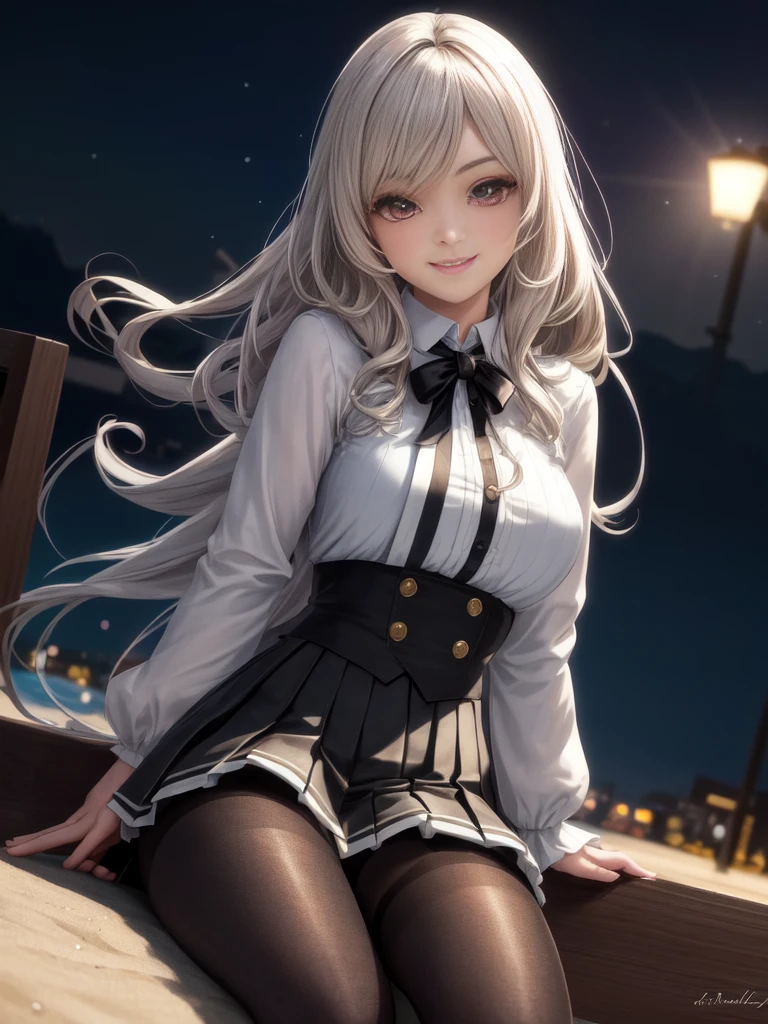 highres, ultra detailed, (1girl:1.3), (dynamic pose):1.0 BREAK, 1 extremely beautiful and glamorous  anime girl sitting on the park bench at night, wearing a white collard shirt and a knee-length long pleats skirt, (black stockings), she has black wavy pony-tail hair style, gigantic-breasted, smile, happy, wind, 8 life size, detailed clothes, detailed body, detailed arms, human hands, detailed hands, upper body shot, hip focus, blush, light smile, looking the viewer, facing the viewer, staring the viewer, Lights are lit around the beach and stars are shining in the sky, studio soft light, cinematic light, detailed background, realistic, ultra-realistic, masterpiece, 32k ultra-sharp image,