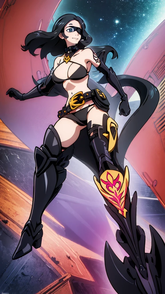 ((highest quality)), ((masterpiece)), (animation illustration), (black bikini, elbow gloves, boots, heroes belt, eye mask), looking at the viewer with a smile, Tattoo on left shoulder, (Floating in the air)