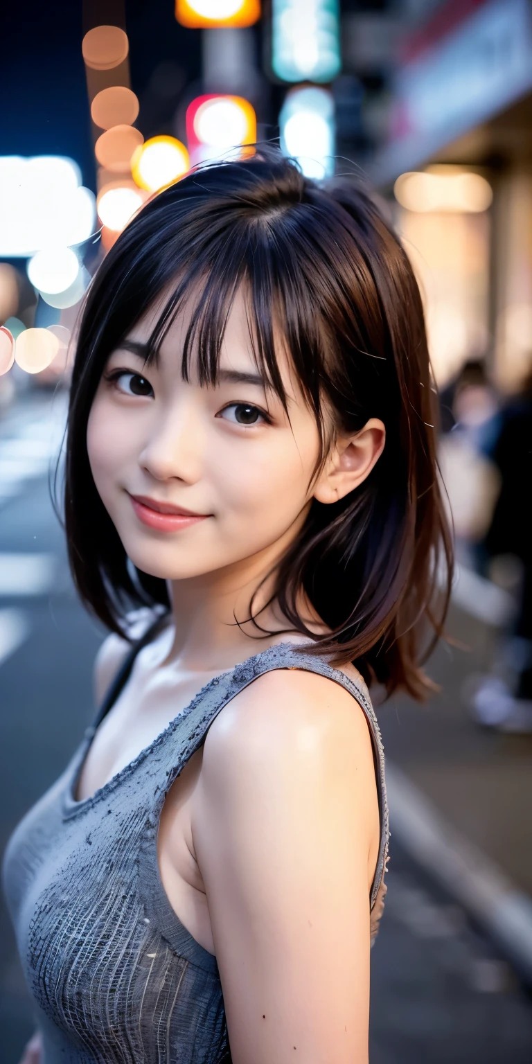 1 Girl, Tokyo Street,night, Streetscape,City lights,Upper Body,close,smile,, (8K, Raw photo, highest quality, masterpiece:1.2),(Realistic, photo-Realistic:1.37),
