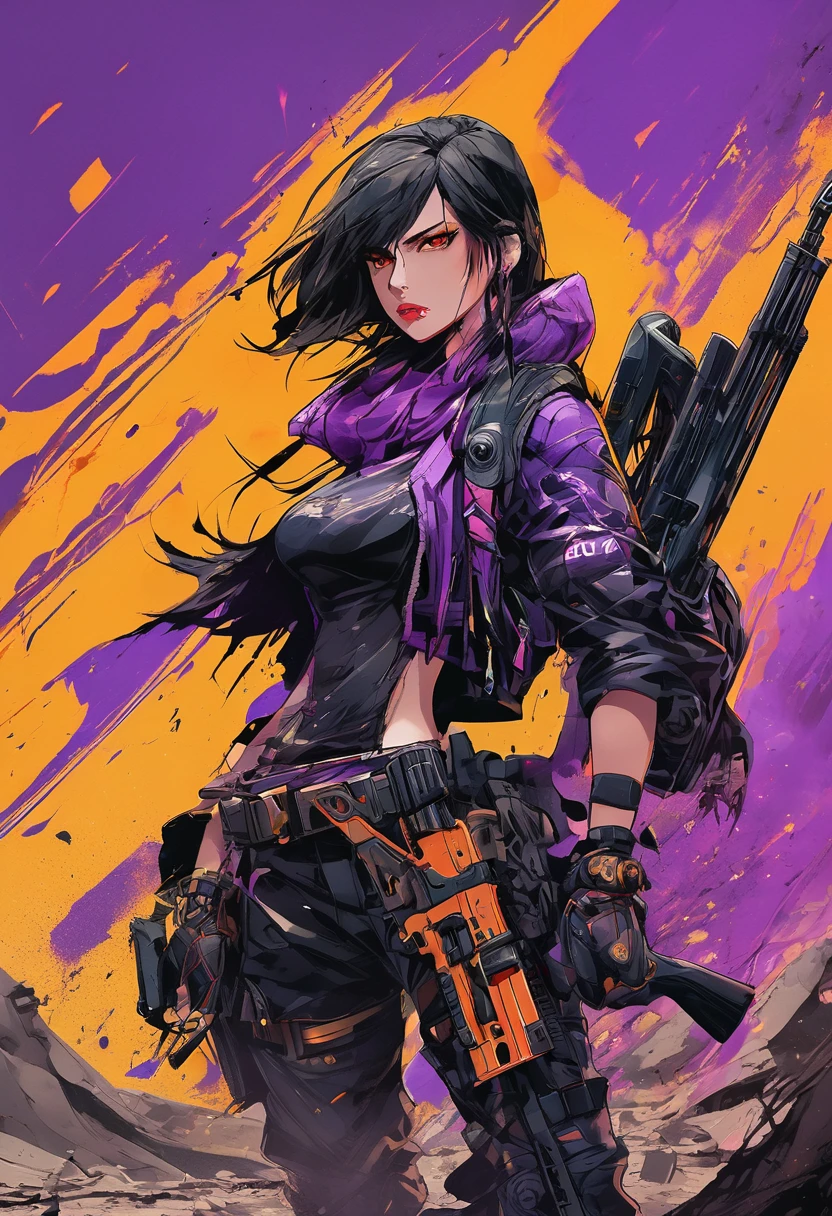 dark and torn, 1 young beautiful muscular body, fierce expression, holding a gun, (colors on her clothes, warm, orange, yellow, violet:1.3), standing on a desolate wasteland, dramatic lighting, intense shadows, sandy texture, tall contrast, vibrant colors, dynamic pose, powerful stance, rugged background, explosive atmosphere, dystopian theme, surreal elements, digitally painted illustration, HD resolution, intricate details, dramatic composition, avant-garde and chaotic brush strokes, gothic style, intense emotions, epic scale, raw and gritty feel, captivating and provocative artwork.