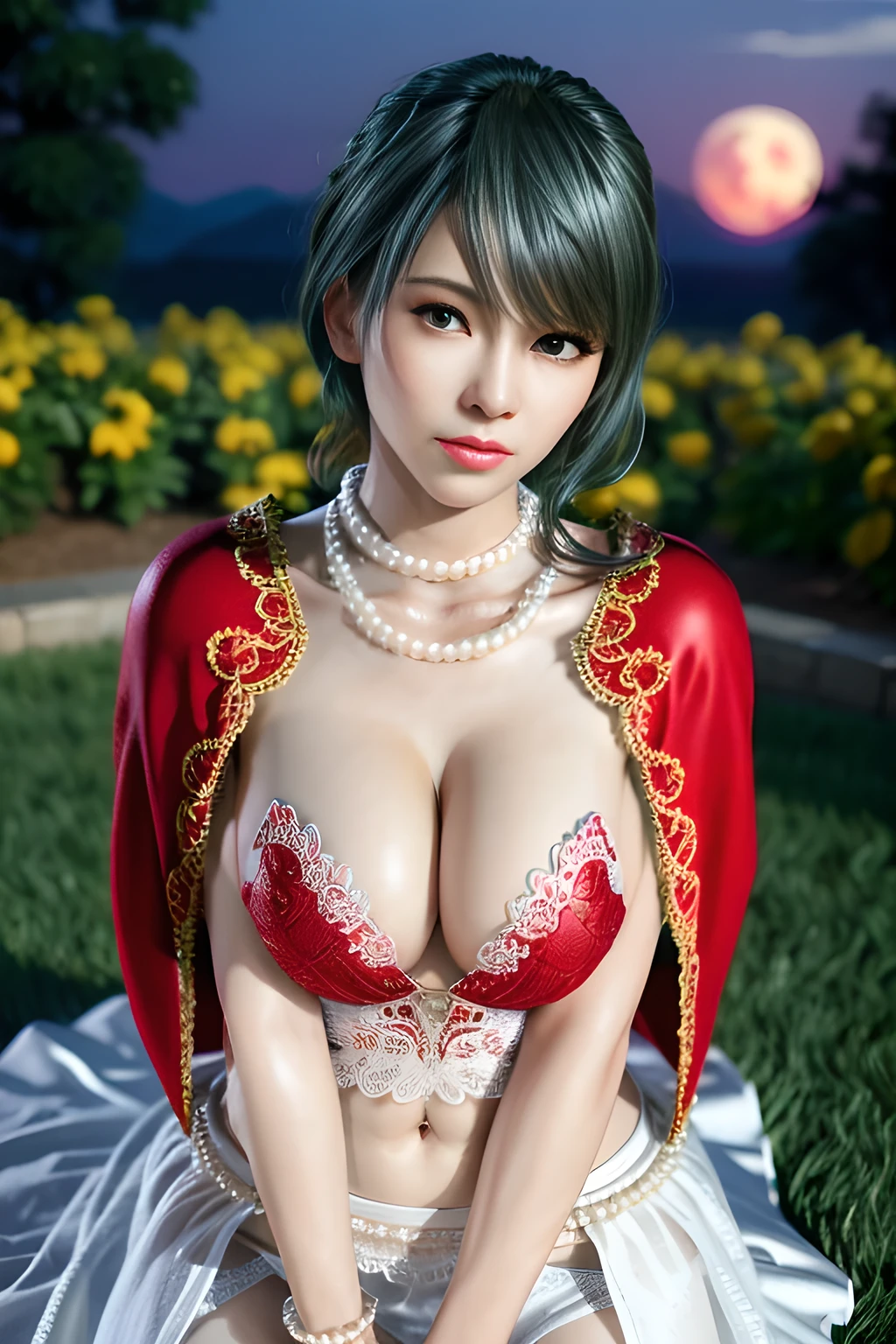 1 girl,lean over WINK,(Wearing Wedding Dress:1.2) ,(Wearing Jewel:1.2) ,( red lace_cloak:1.3),(Fluffs :1.4),(pearl bodychain:1.3),garden,nighttime,moon,( huge breasts ),cleavage,shiny skin,lip gloss,tattoos, masterpiece, best quality, realistic ,Surrealism,Rich artistic colors,natural colors art in 8k,3D,Portrait art,solo, tamaki