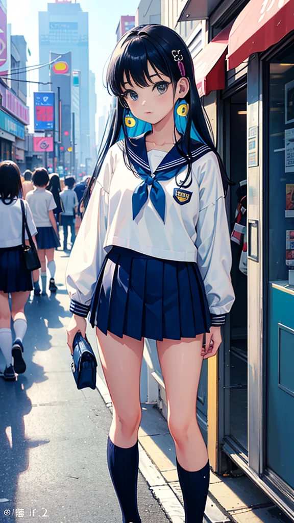 90s City Pop Art、City pop style、sketch style、lofi girl、Beautiful high school girl、8 headodel、Navy blue sailor uniform、White sweater、mini skirt、Knee-high socks、Walking around Harajuku、Headphones 1.2、Listening to music、big eye、whole body、1 person、Cowboy Shot