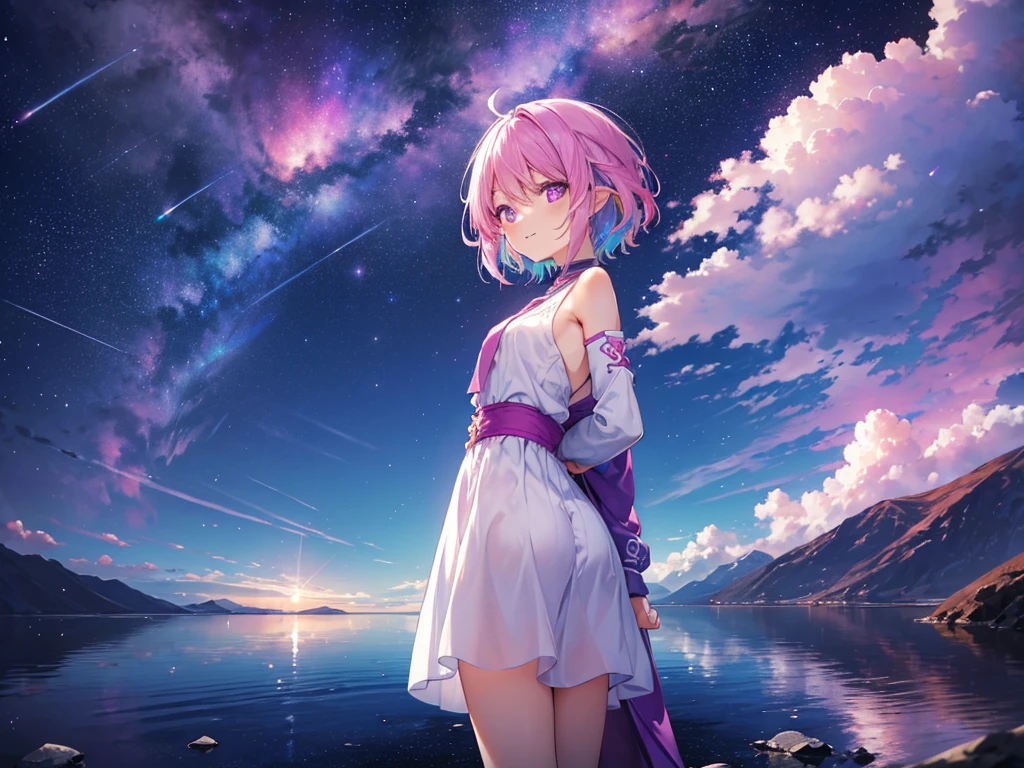 ((best quality)), ((masterpiece)), (circulated), perfect face, expressive eyes, perfect face, landscape, galaxy, universe, stars, Loli, nude, full body, standing, smile, large breasts, pink hair, short hair, pale skin, green eyes, necklace, sexy pose,