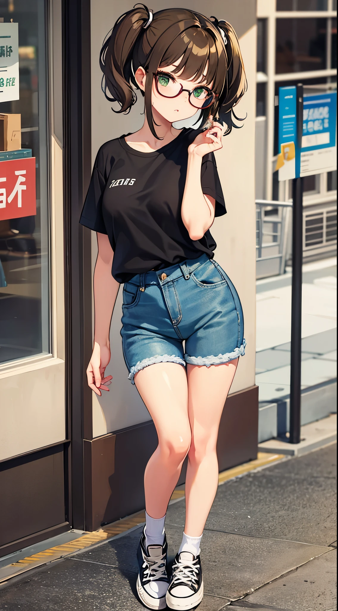 Girl, twintail short hair, brown hair, green eyes, glasses, cute girl, t-shirt, short denim, converse shoes, city