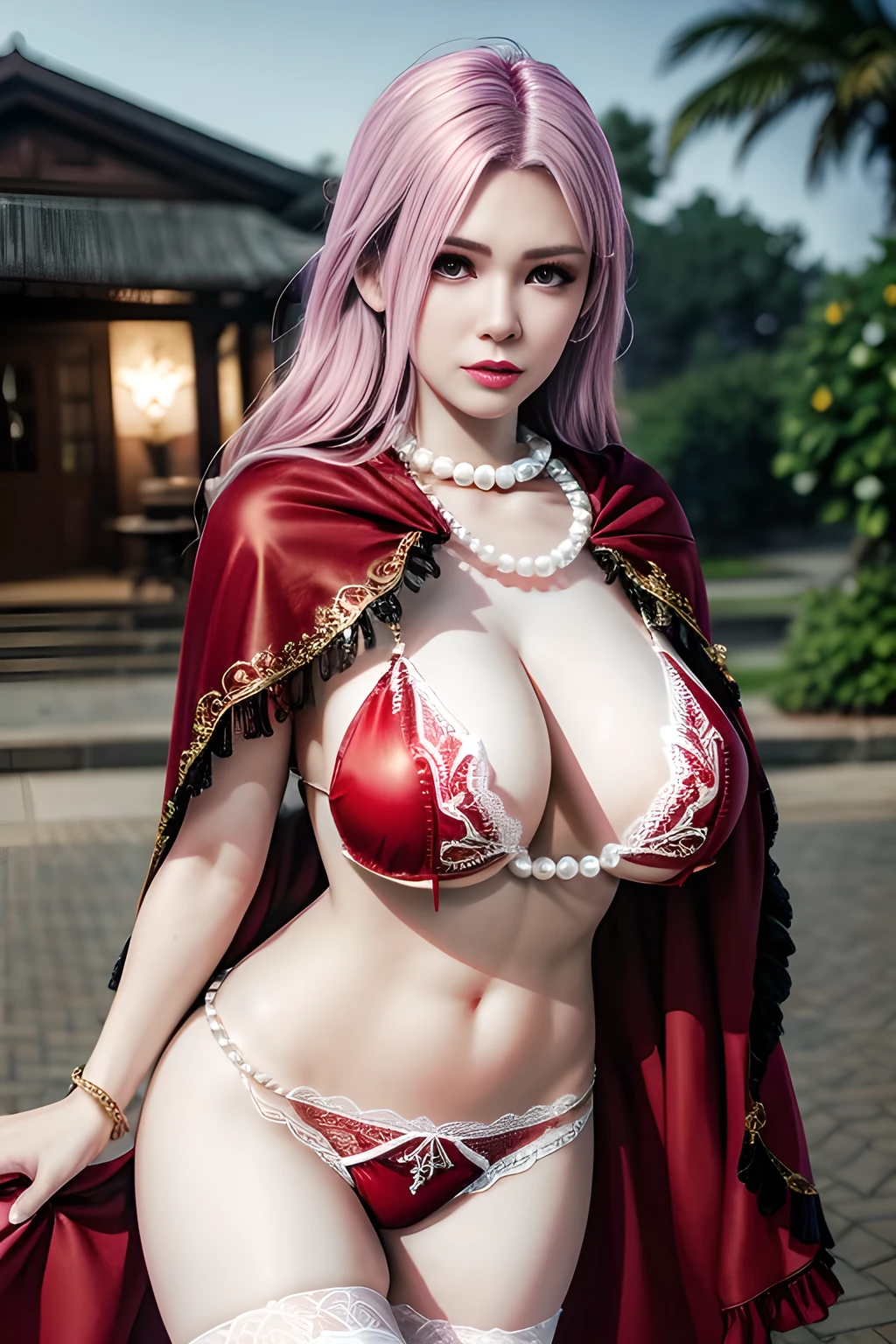 1 girl,lean over ,(Wearing underwear:1.2) ,(Wearing Jewel:1.2) ,( red lace_cloak:1.3),(Fluffs ),(pearl bodychain:1.3),mesh pantyhose,outdoor,elegant,nighttime,moonlighe,shiny skin,( huge breasts), lip gloss,tattoos, masterpiece, best quality, realistic ,Surrealism,natural colors art in 8k,soft shadows,High-definition RAW color photos professional portrait photos,solo, elise,