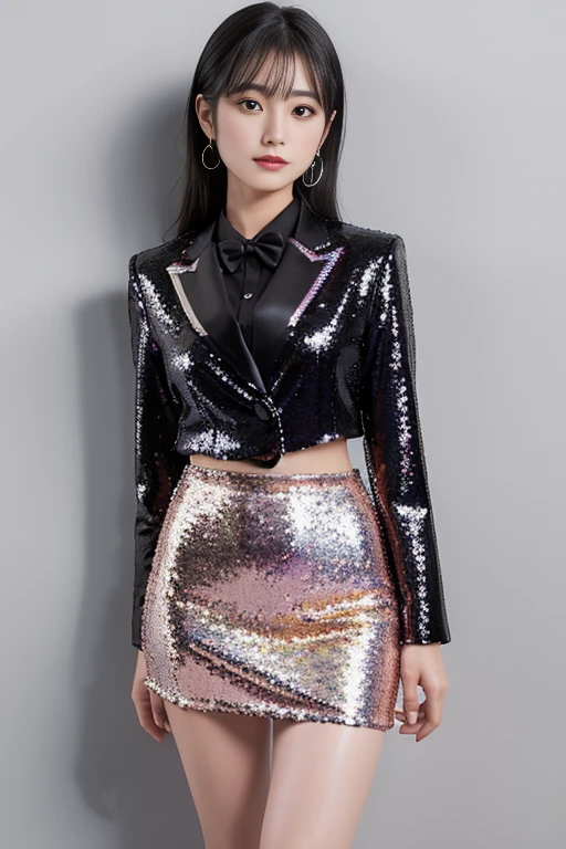 Japanese women、Black Hair、Porterre、 Colorful sequin formal suit（Tight mini skirt）、Whole Body Ezbian、８K