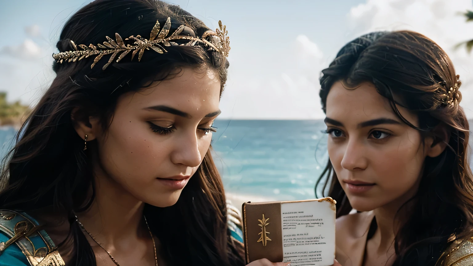 A close-up of the Atlantis lady, her eyes reflecting the wisdom and knowledge of the ancient civilization. She is holding a scroll, with the text of Plato's dialogues 'Timaeus' and 'Critias' visible.