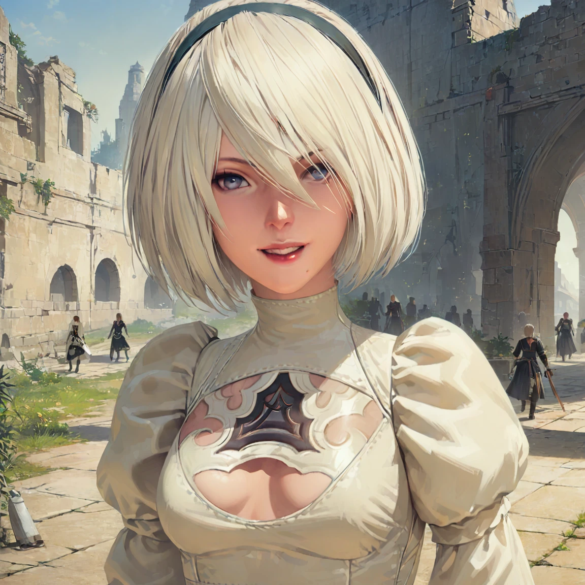 Character design sheet, highest quality , High resolution, masterpiece, Representative works, Official Art, Professional, Super intricate details, 8k, The background is parchment-like, One Girl, oh, (Round face), chest, chestの谷間, chestの谷間 cutout, Dress cutout, Hair between the eyes, head band, Juliet Sleeve, Long sleeve, Nier (series), Nier automata, ((whole body撮影)), Fluffy sleeves, Pale blue eyes, Red lips, Lips with raised corners of the mouth, Smiling Lips, Shadow Face, short hair, alone, Turtleneck sweater, whole body, l Blue-white silver hair, null、The fluttering hem of a skirt、Moderately thick、Toned thighasterpiece、highest quality、(((Realistic、Realistic:1.37)))、8K quality}},