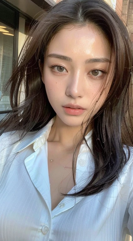 ((Best Quality, 8K, Masterpiece: 1.3)), Sharp: 1.2, Perfect Body Beauty: 1.4, Slim Abs: 1.2, ((Layered Hairstyle, Big Breasts: 1.2)), (Wet White Button Long Shirt: 1.1), (Rain, Street: 1.2), Wet: 1.5, Highly detailed face and skin texture, detailed eyes, double eyelids, side face looking at the camera